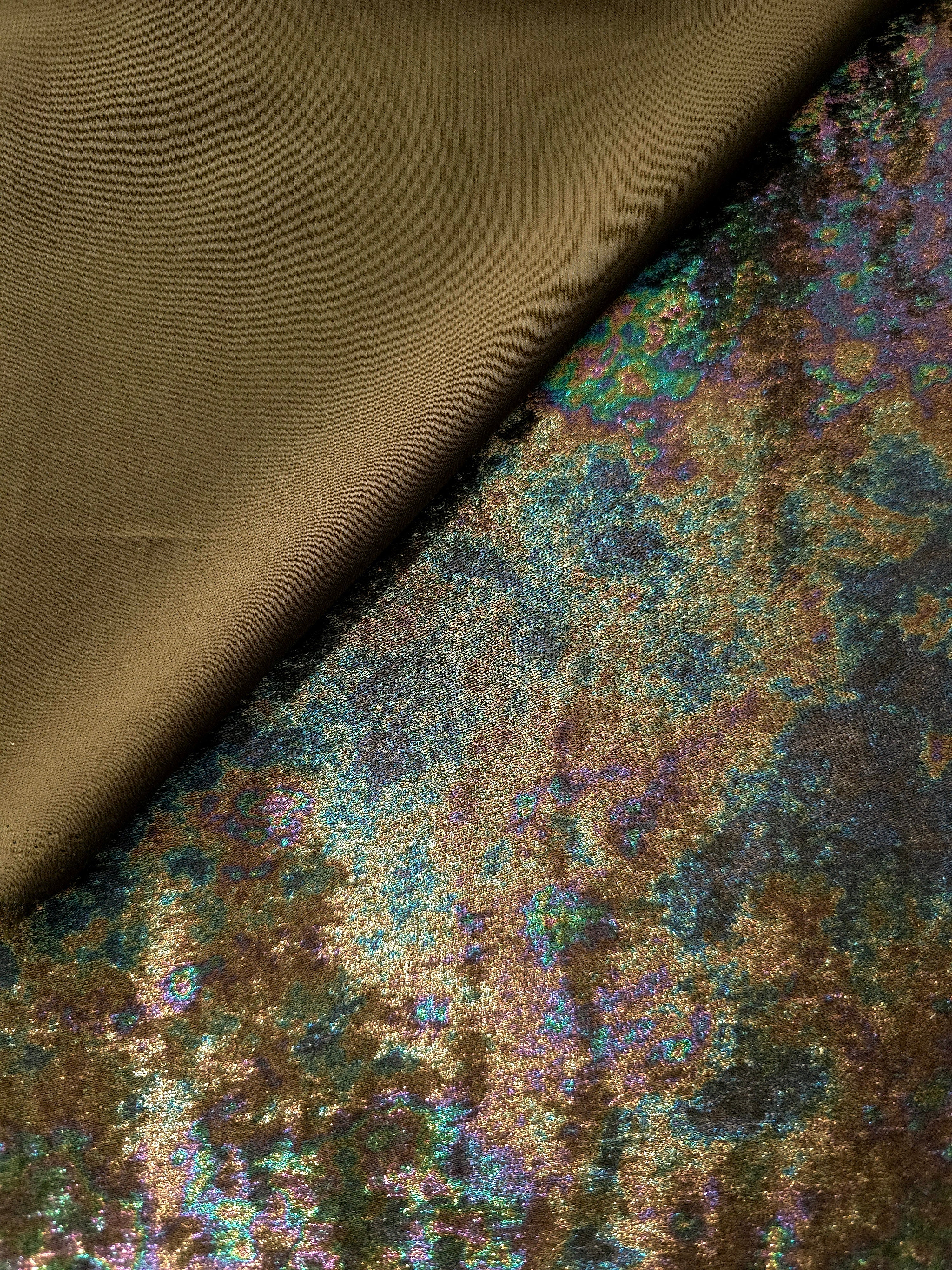 MilanSaten Rainbow Foil fabric in Olive Brown, shade 59 — texture close-up