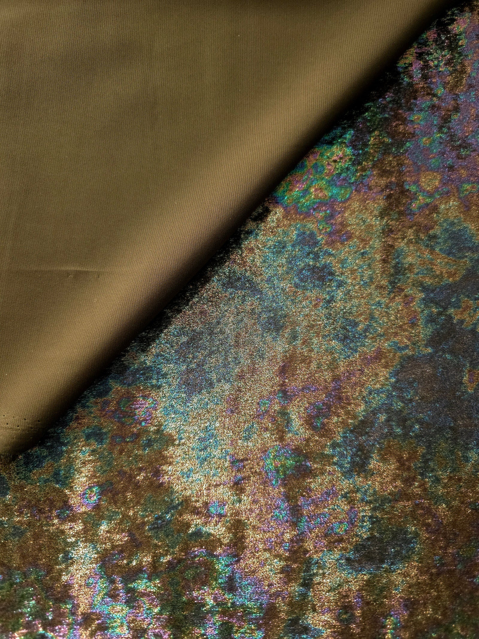 MilanSaten Rainbow Foil fabric in Olive Brown, shade 59 — texture close-up
