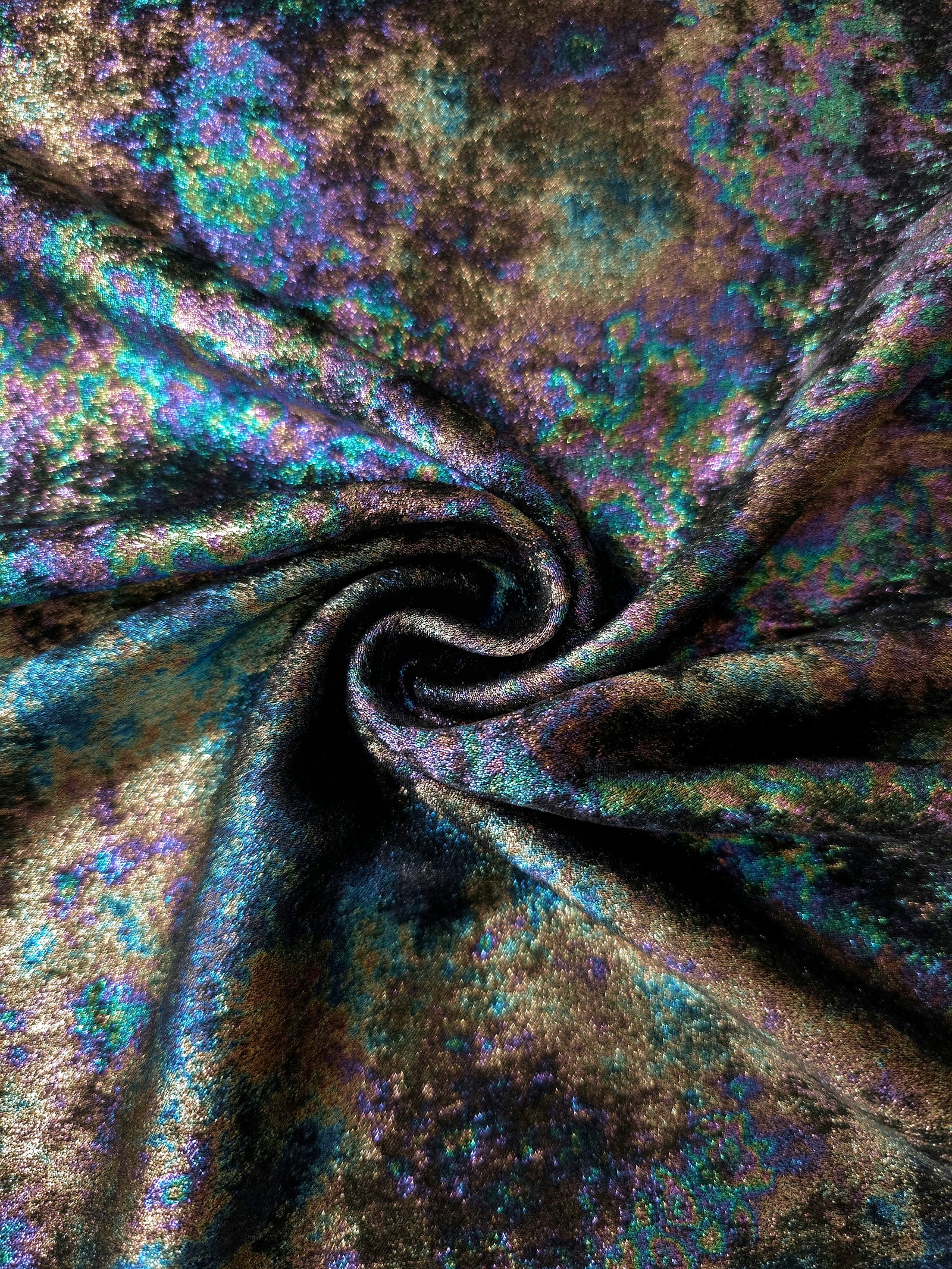 MilanSaten Rainbow Foil fabric in Midnight Navy, shade 64 — flowing fabric view
