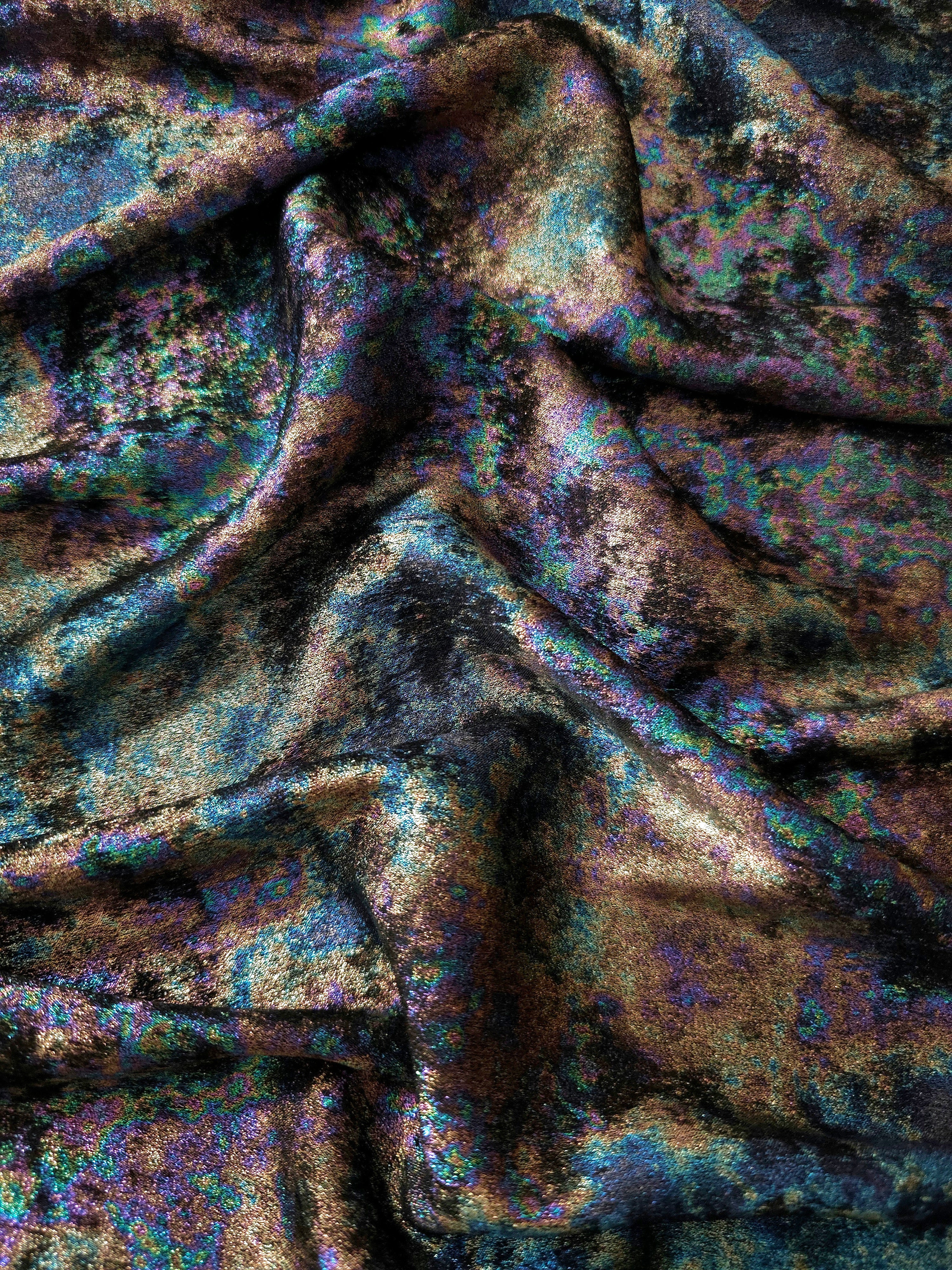 MilanSaten Rainbow Foil fabric in Midnight Navy, shade 64 — rainbow foil detail