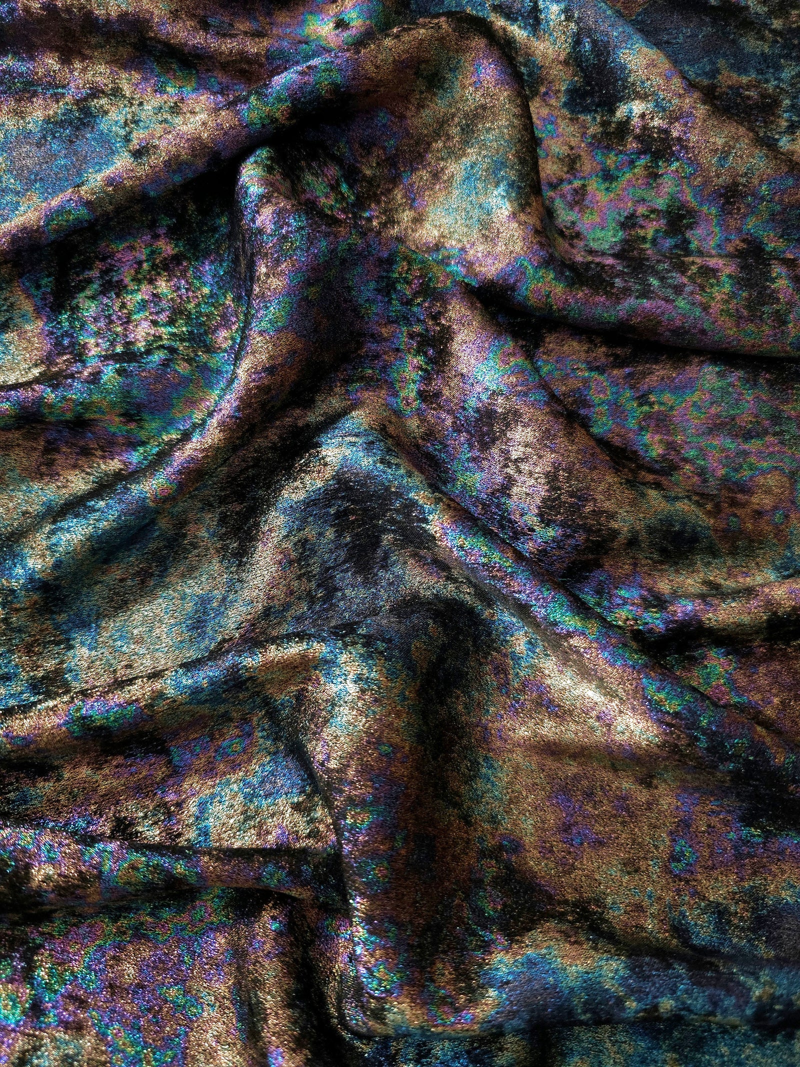 MilanSaten Rainbow Foil fabric in Midnight Navy, shade 64 — rainbow foil detail