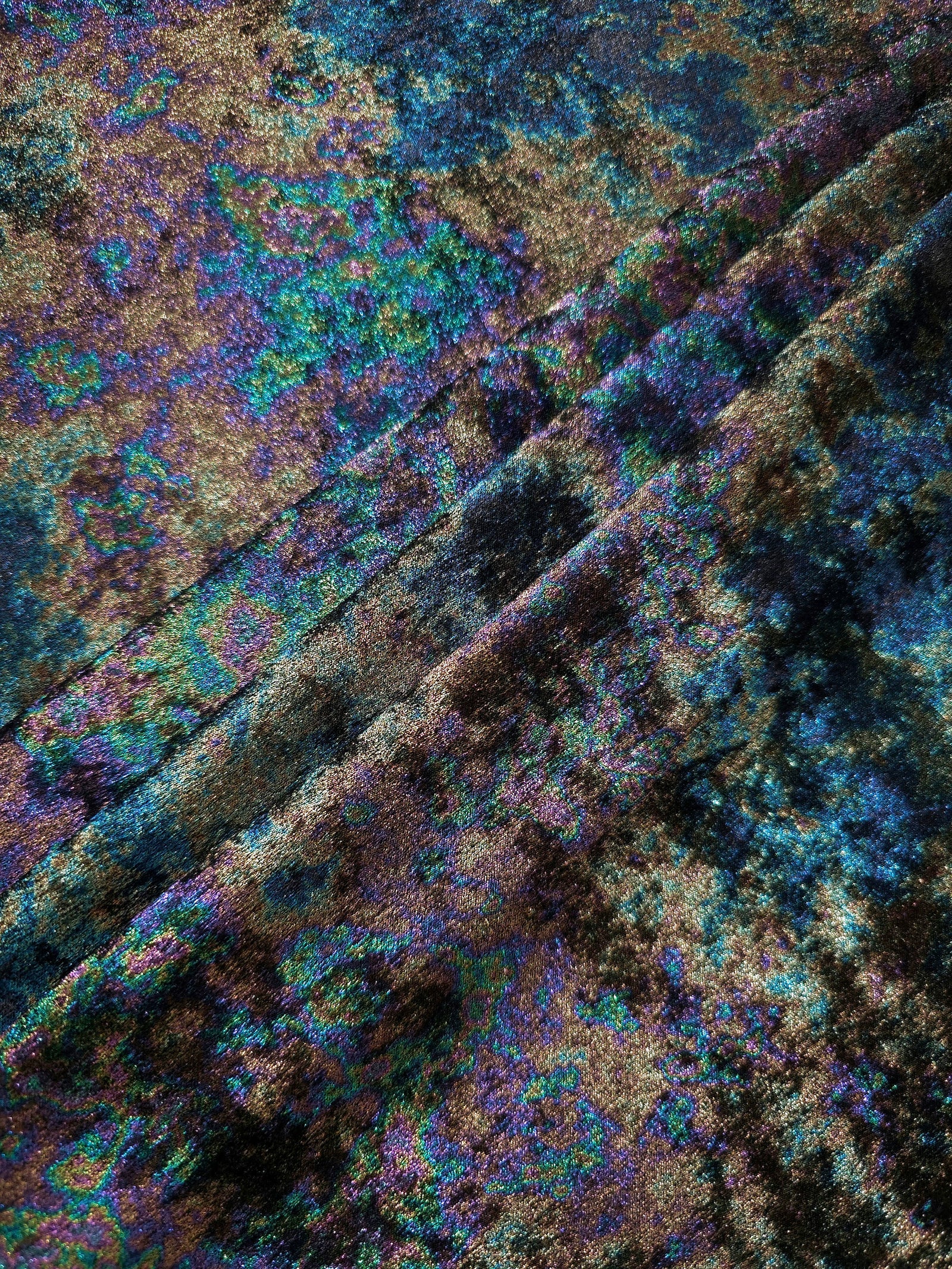 MilanSaten Rainbow Foil fabric in Midnight Navy, shade 64 — macro shimmer close-up