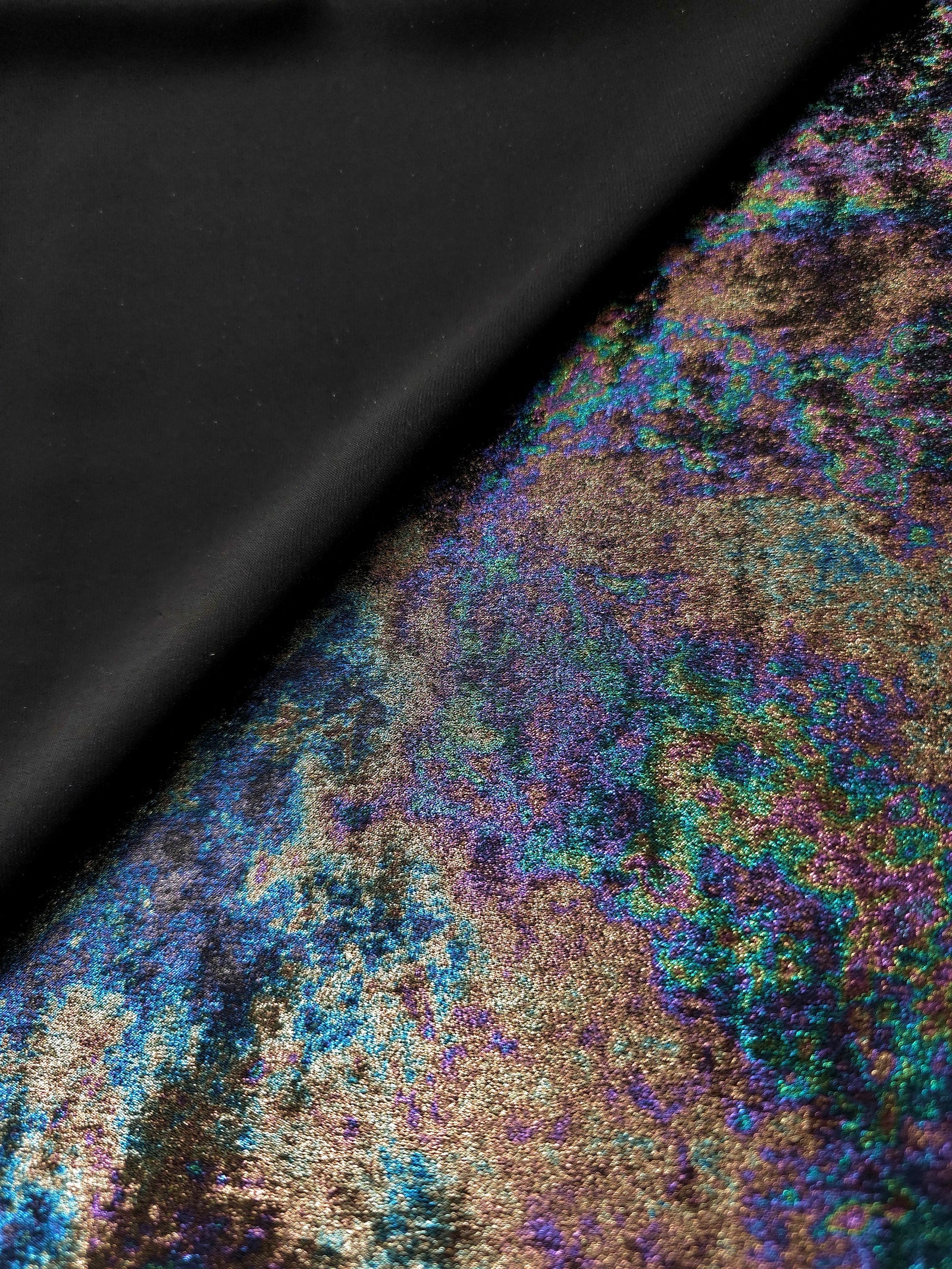 MilanSaten Rainbow Foil fabric in Midnight Navy, shade 64 — texture close-up