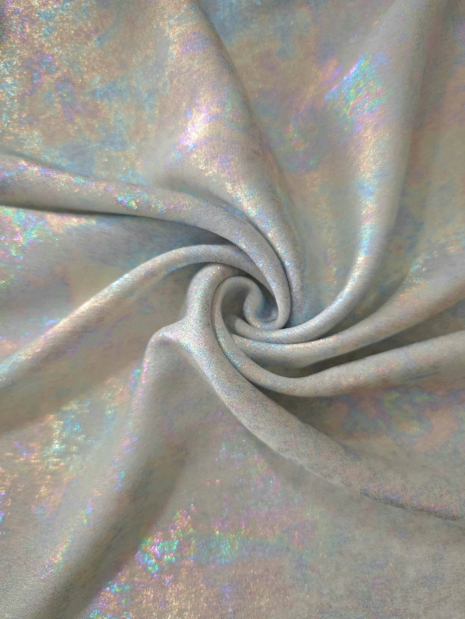MilanSaten Rainbow Foil fabric in Silver, shade 66 — flowing fabric view