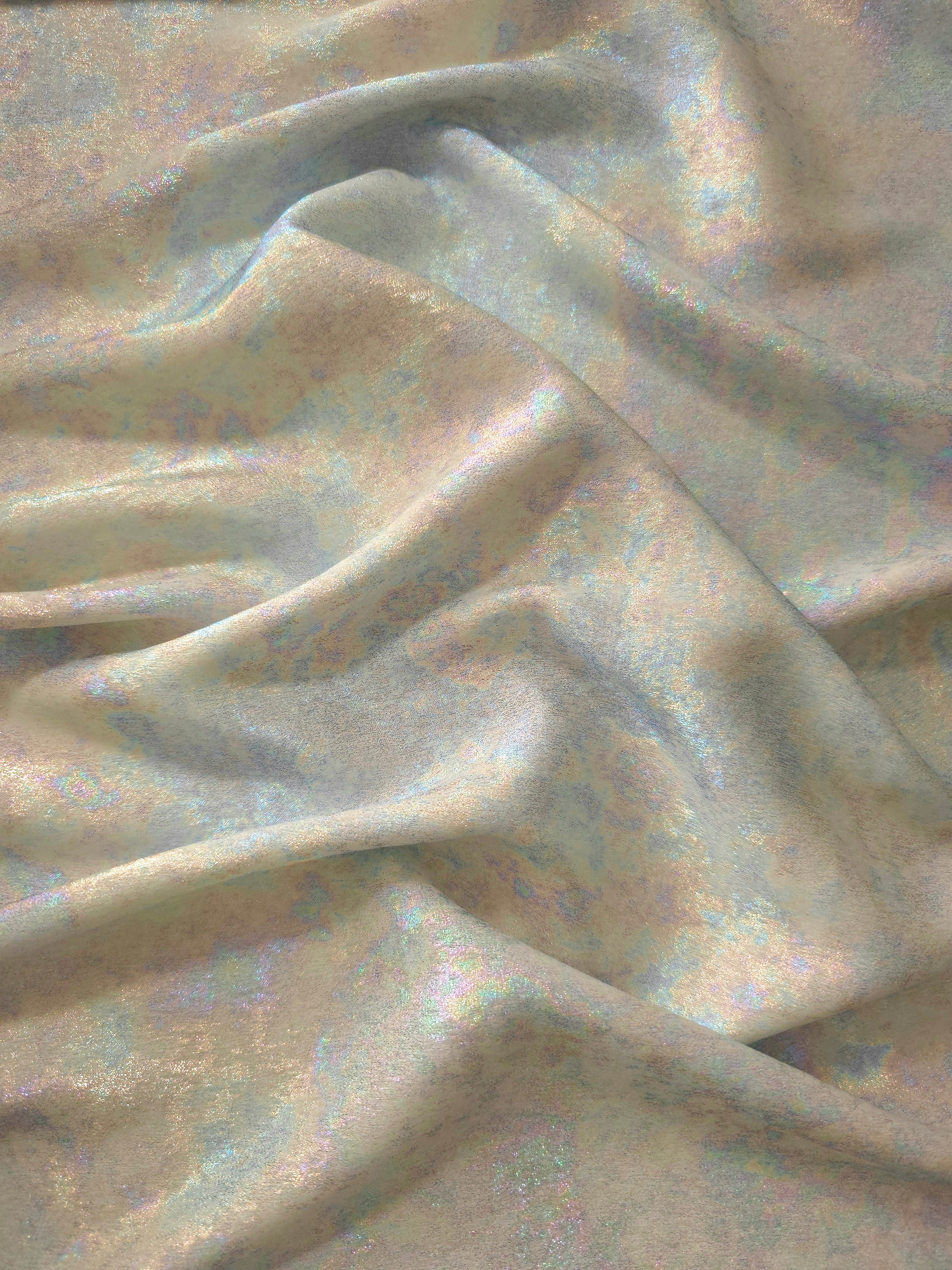 MilanSaten Rainbow Foil fabric in Silver, shade 66 — rainbow foil detail