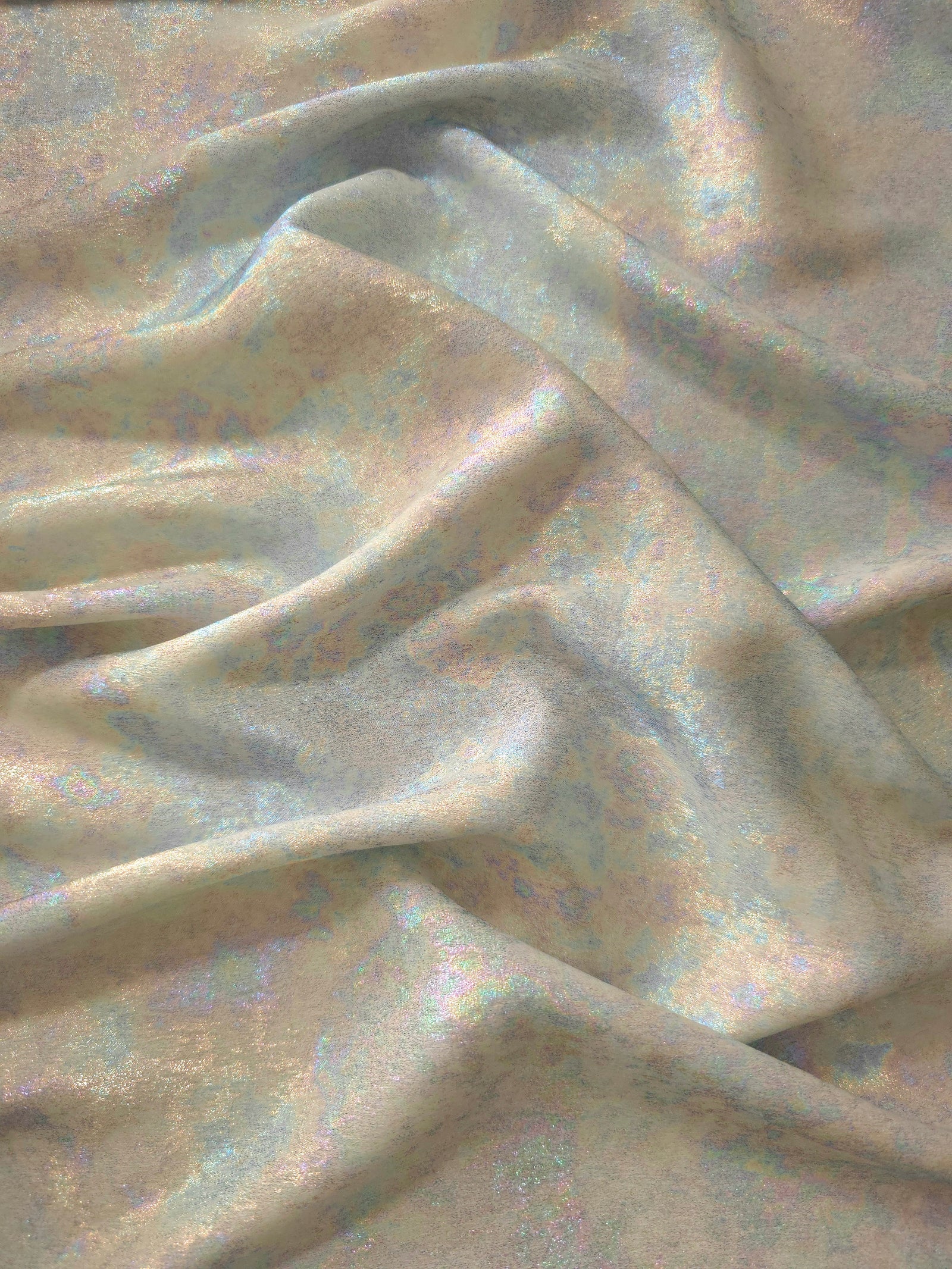 MilanSaten Rainbow Foil fabric in Silver, shade 66 — rainbow foil detail