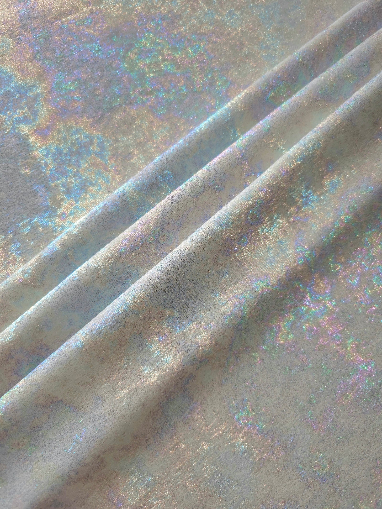MilanSaten Rainbow Foil fabric in Silver, shade 66 — macro shimmer close-up