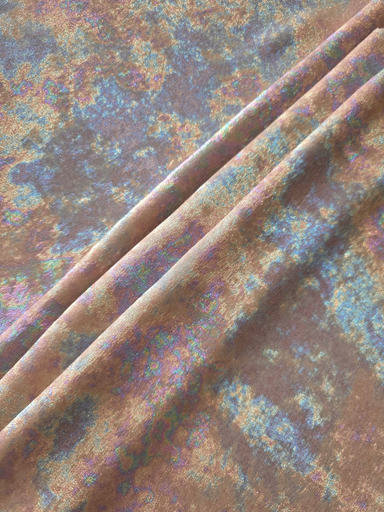 MilanSaten Rainbow Foil fabric in Rose Beige, shade 73 — flowing fabric view