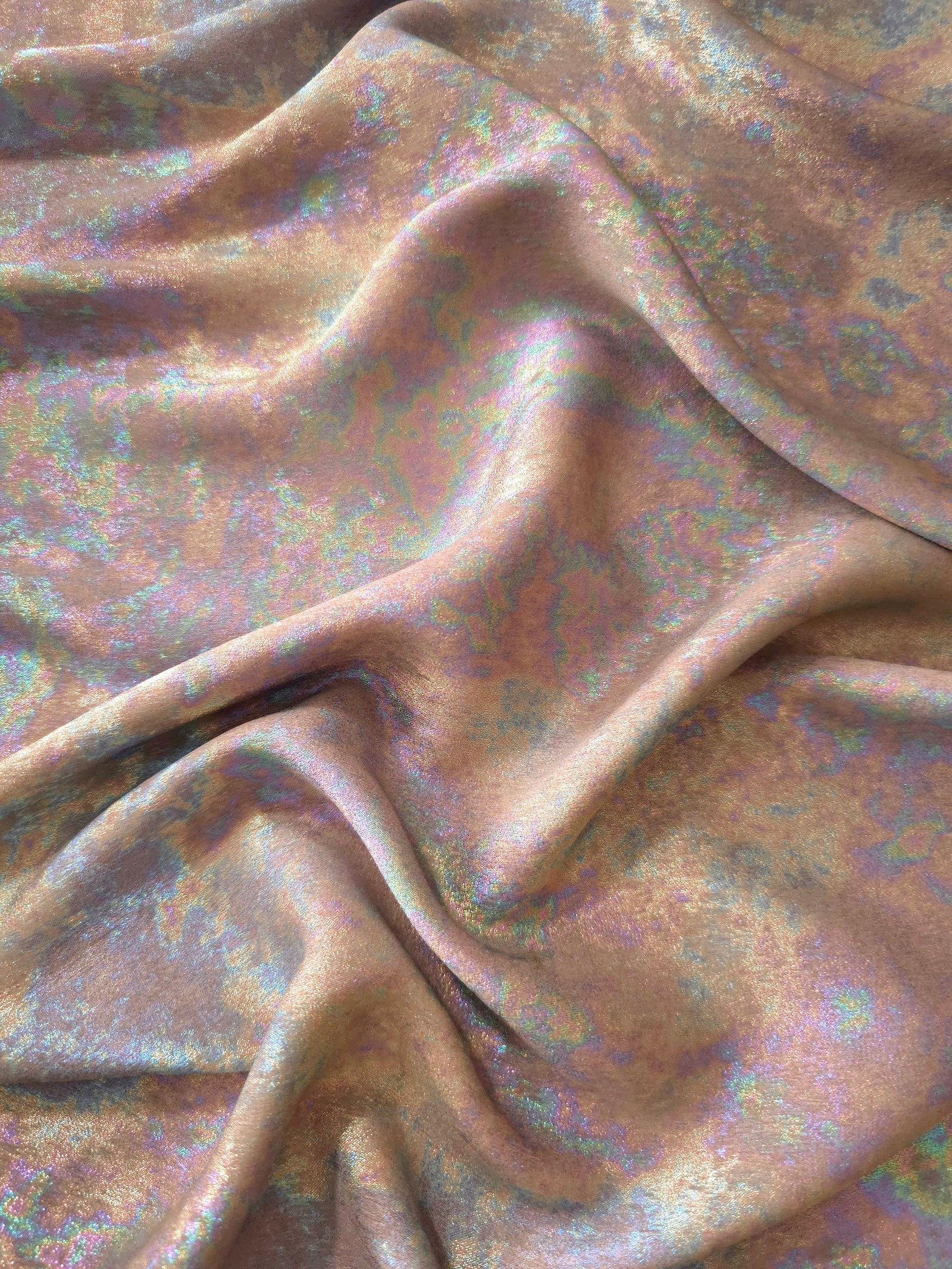 MilanSaten Rainbow Foil fabric in Rose Beige, shade 73 — rainbow foil detail
