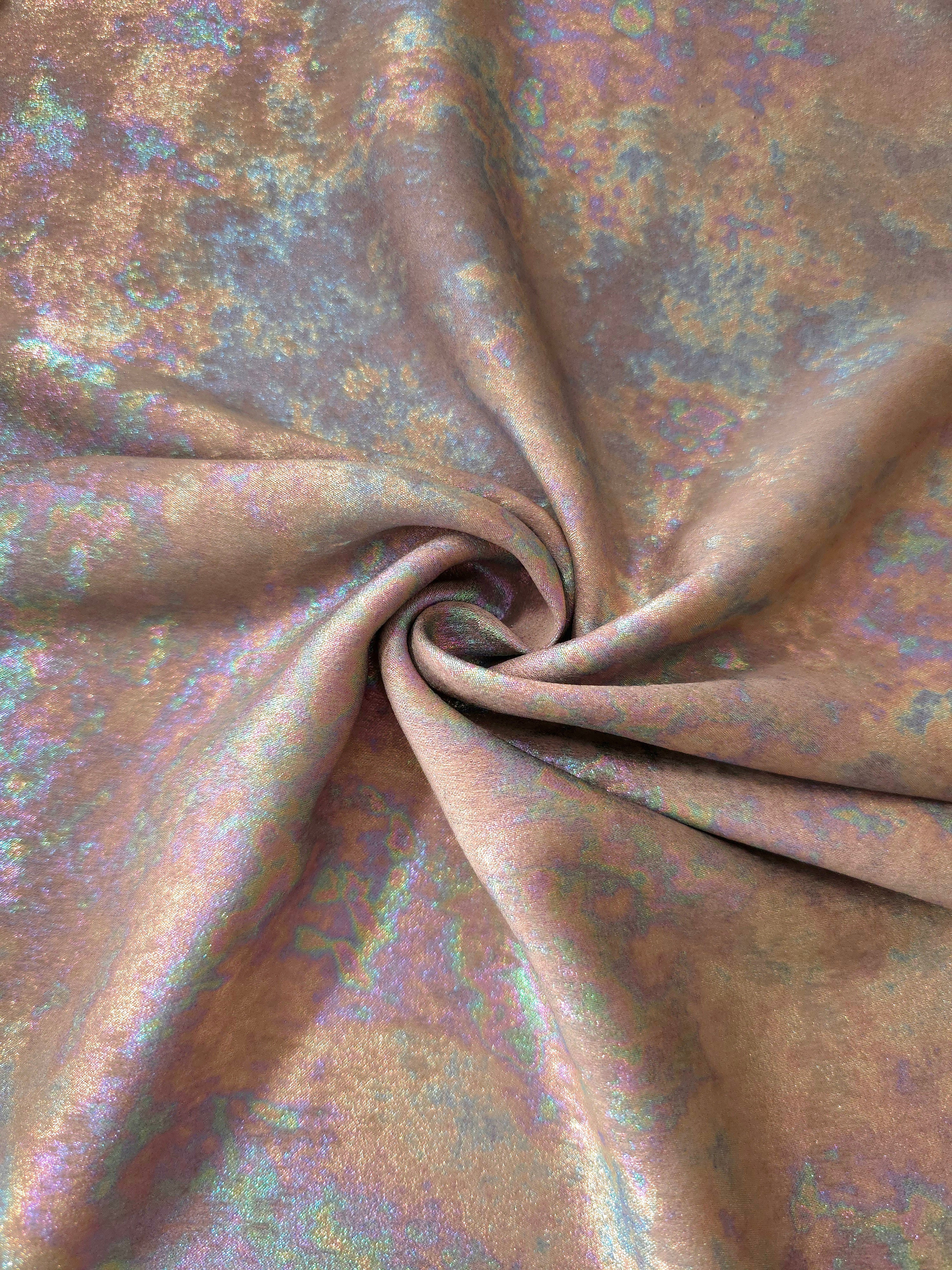 MilanSaten Rainbow Foil fabric in Rose Beige, shade 73 — macro shimmer close-up