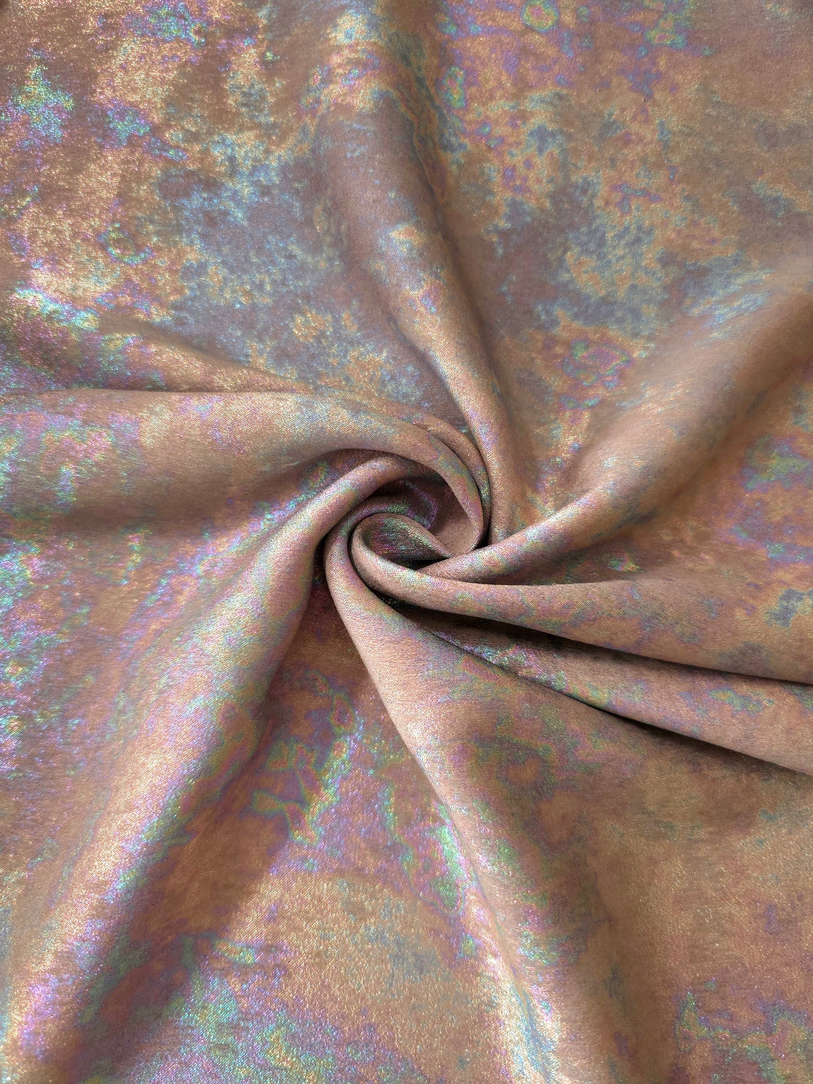 MilanSaten Rainbow Foil fabric in Rose Beige, shade 73 — macro shimmer close-up