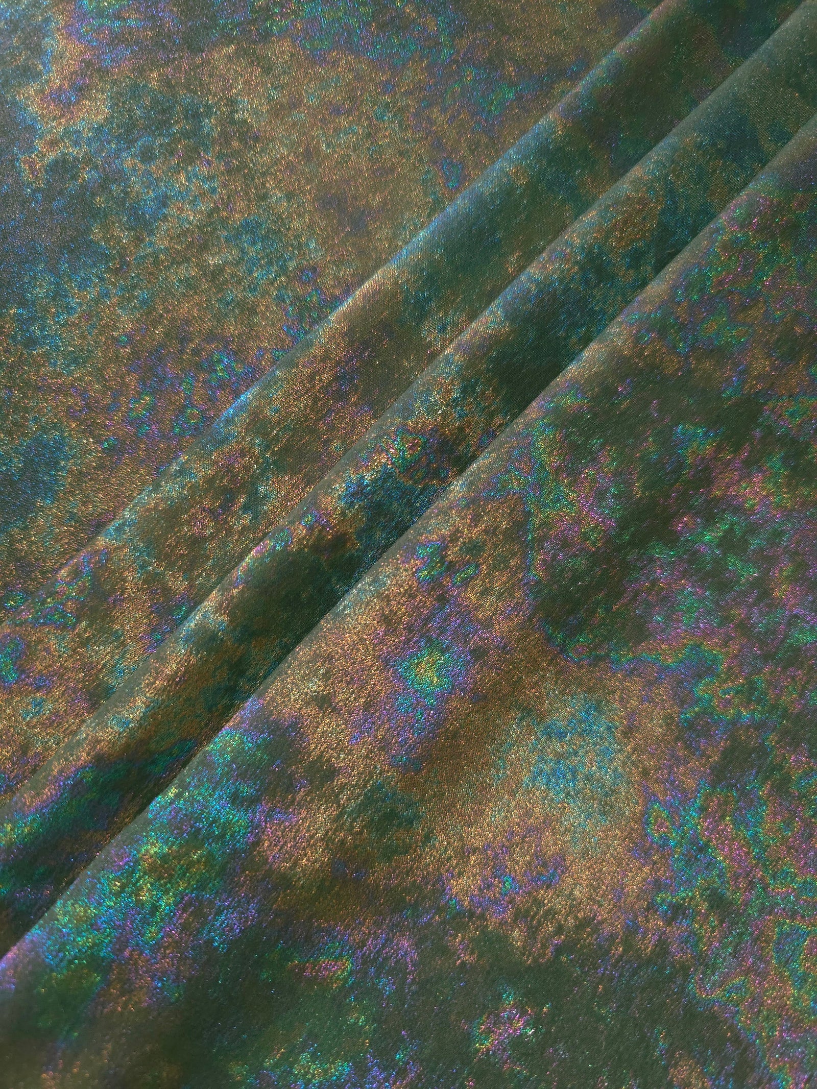 MilanSaten Rainbow Foil fabric in Sage Green, shade 74 — flowing fabric view