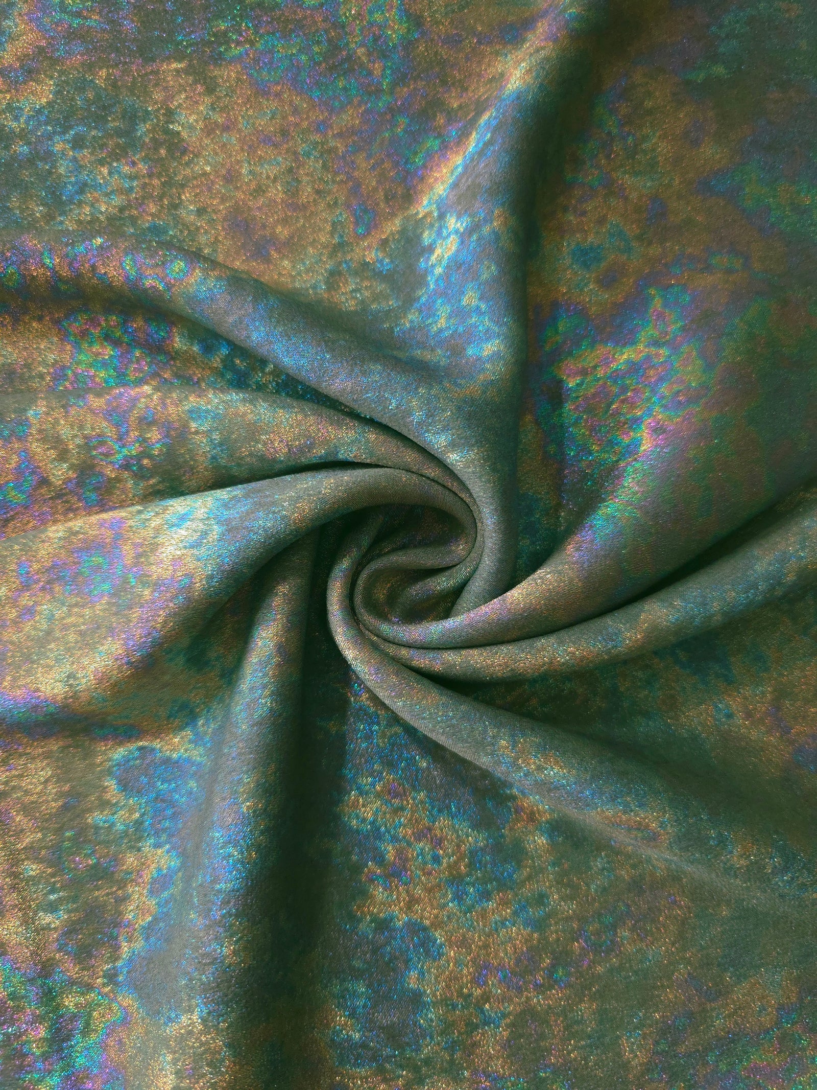 MilanSaten Rainbow Foil fabric in Sage Green, shade 74 — rainbow foil detail
