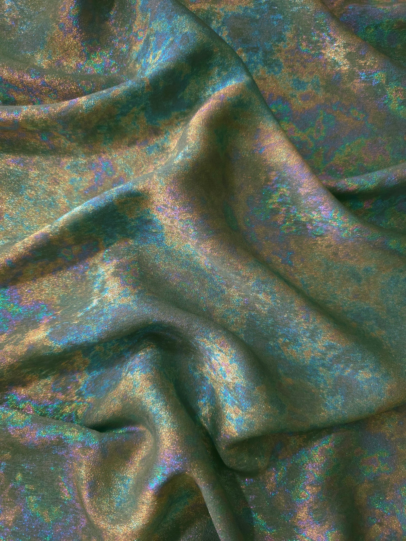 MilanSaten Rainbow Foil fabric in Sage Green, shade 74 — texture close-up