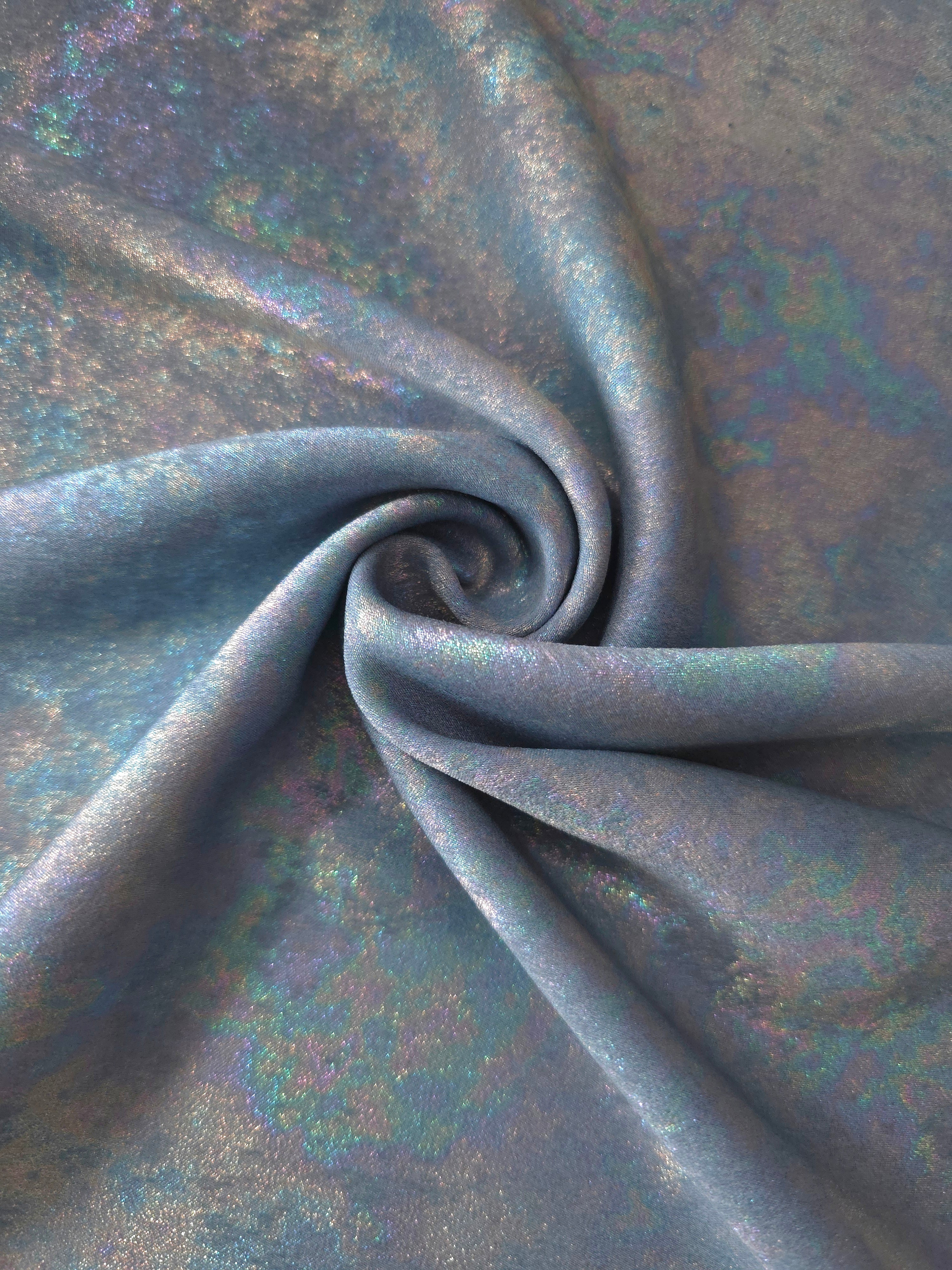 MilanSaten Rainbow Foil fabric in Steel Blue, shade 76 — flowing fabric view