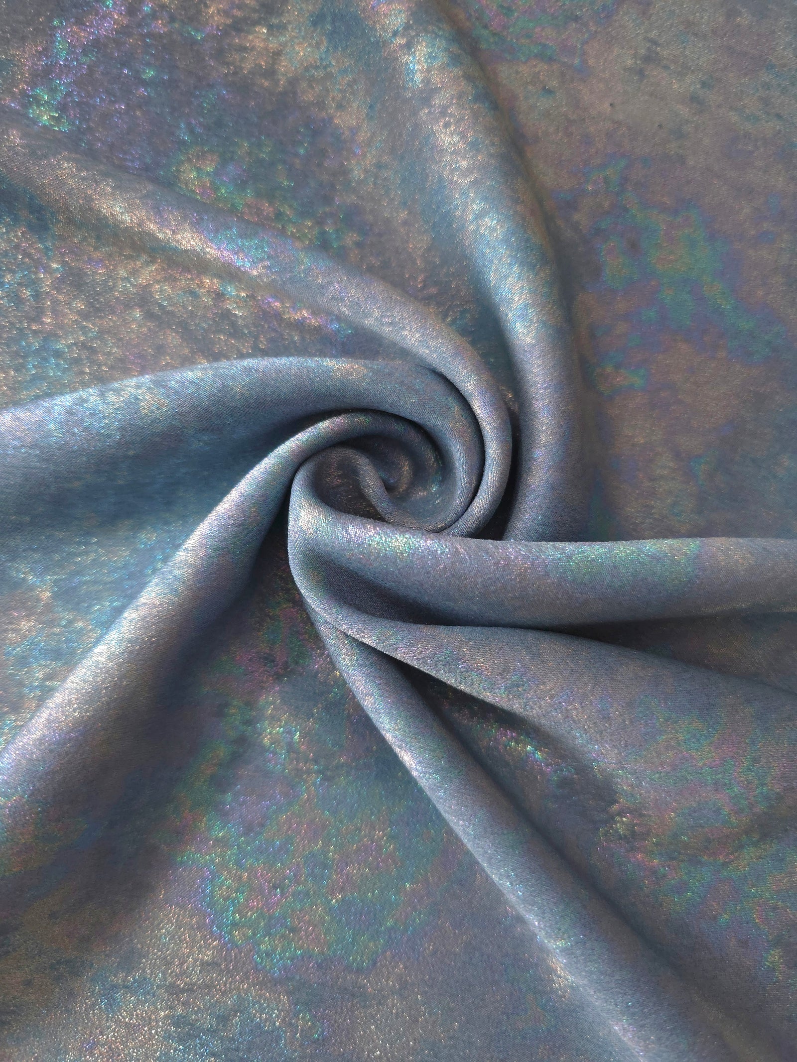 MilanSaten Rainbow Foil fabric in Steel Blue, shade 76 — flowing fabric view
