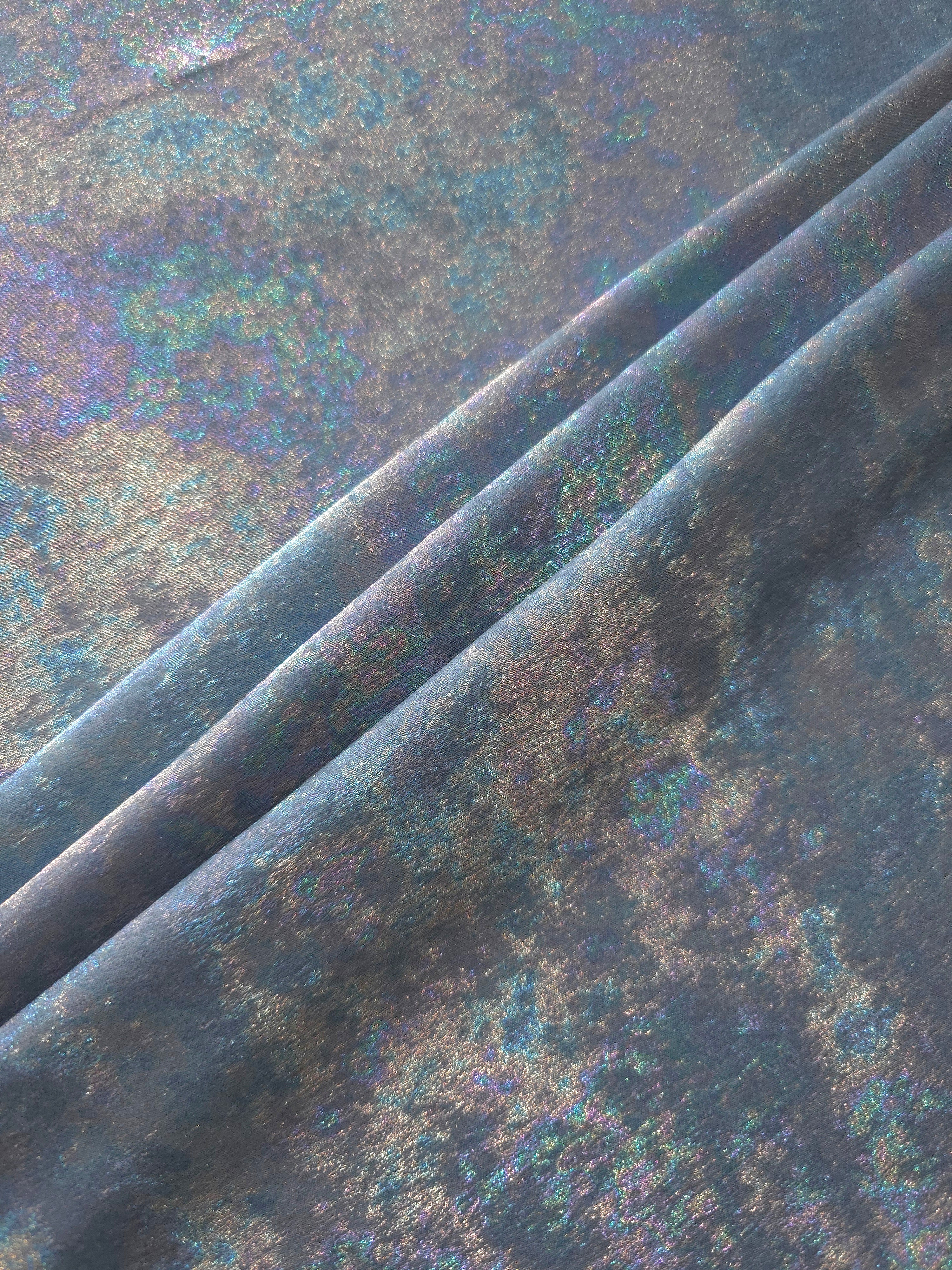 MilanSaten Rainbow Foil fabric in Steel Blue, shade 76 — rainbow foil detail