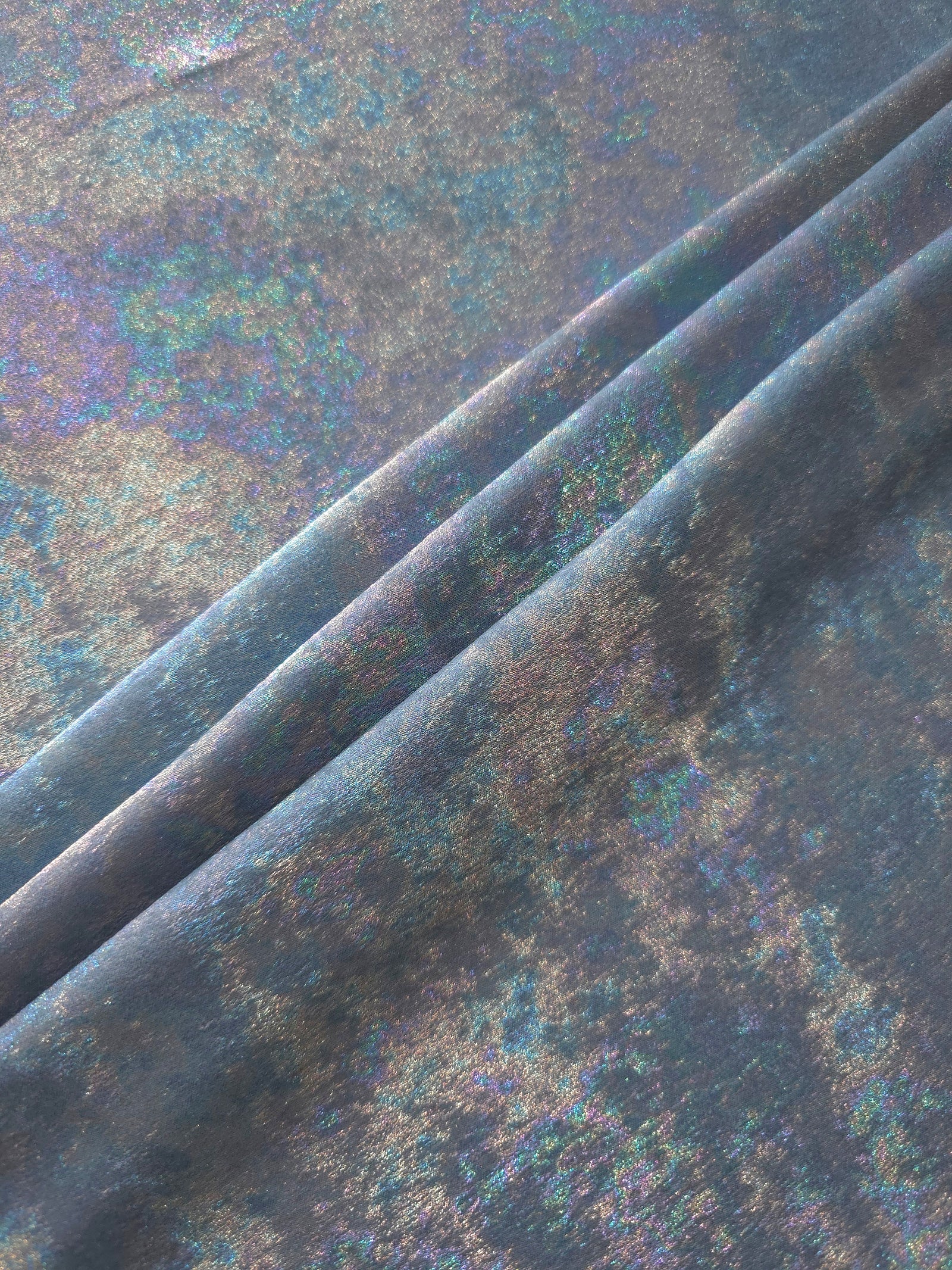 MilanSaten Rainbow Foil fabric in Steel Blue, shade 76 — rainbow foil detail