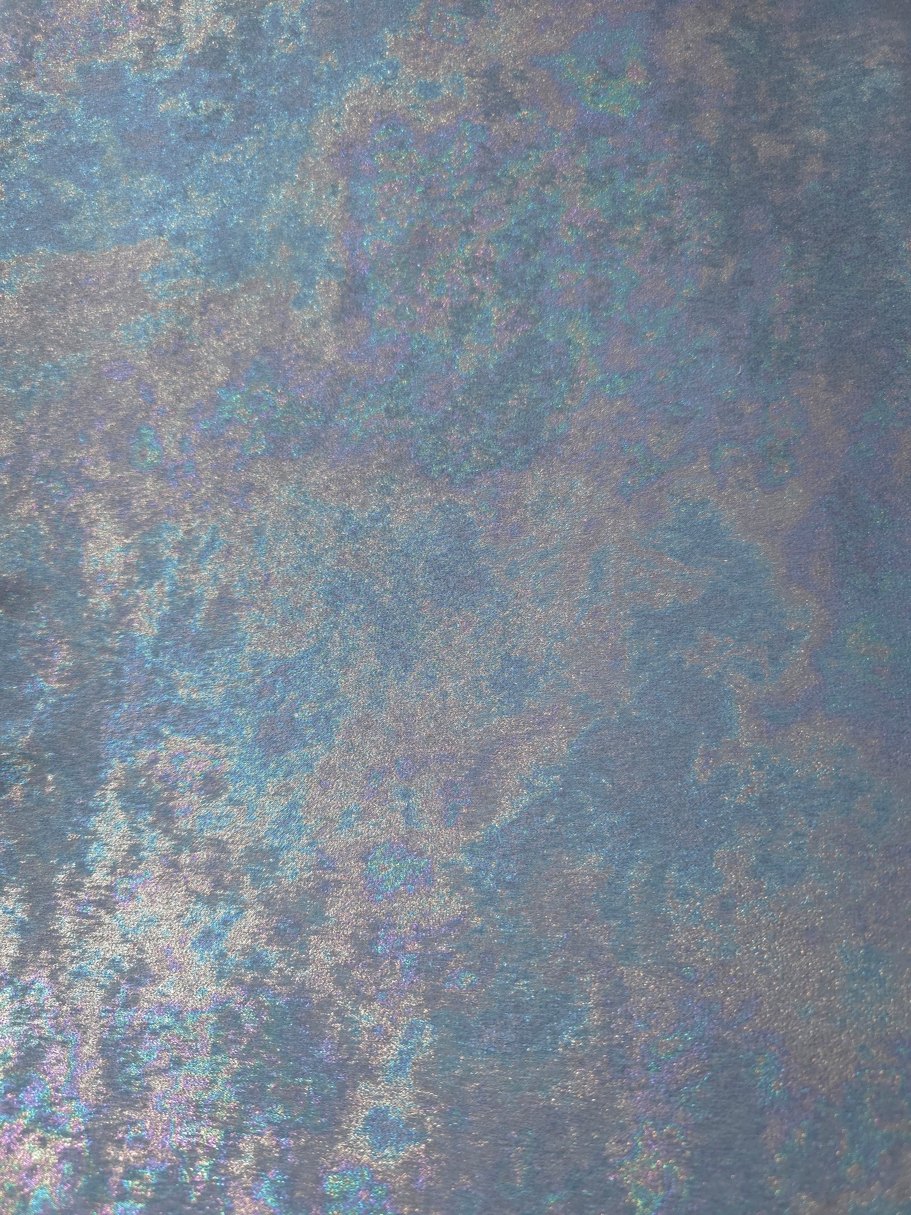 MilanSaten Rainbow Foil fabric in Steel Blue, shade 76 — full drape view