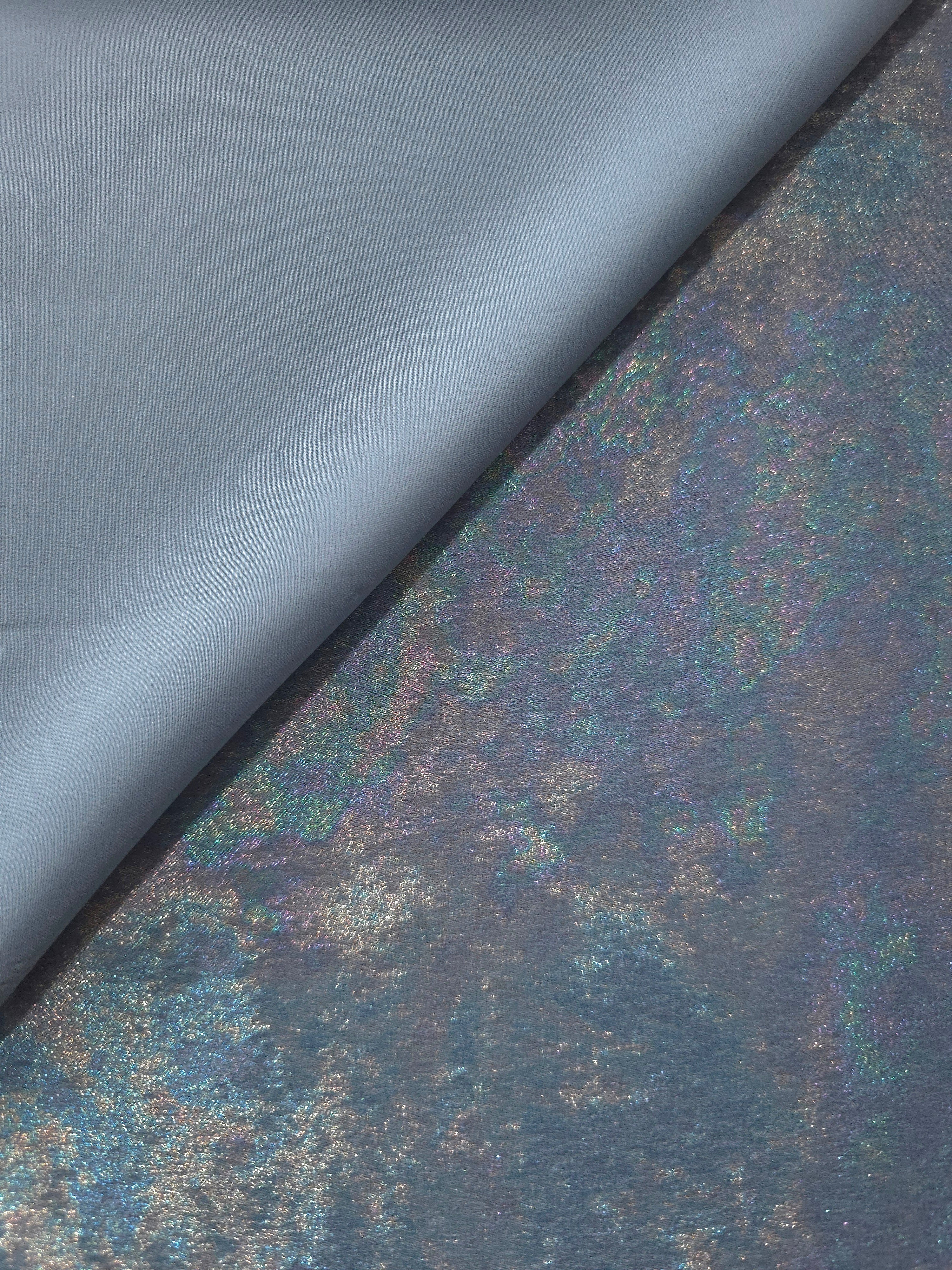 MilanSaten Rainbow Foil fabric in Steel Blue, shade 76 — macro shimmer close-up