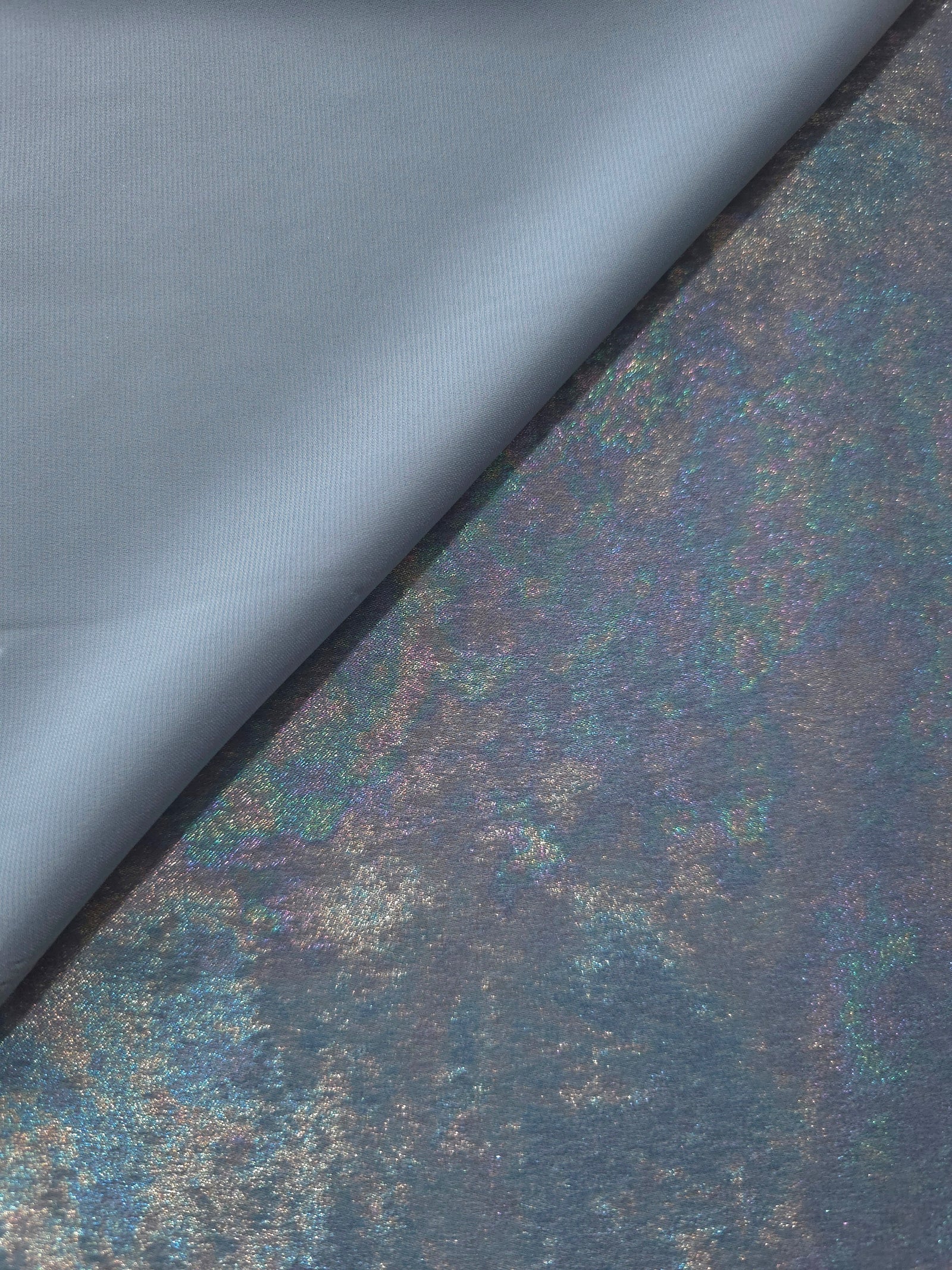 MilanSaten Rainbow Foil fabric in Steel Blue, shade 76 — macro shimmer close-up