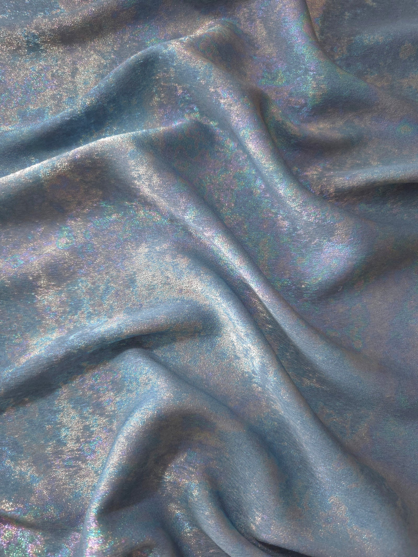MilanSaten Rainbow Foil fabric in Steel Blue, shade 76 — texture close-up