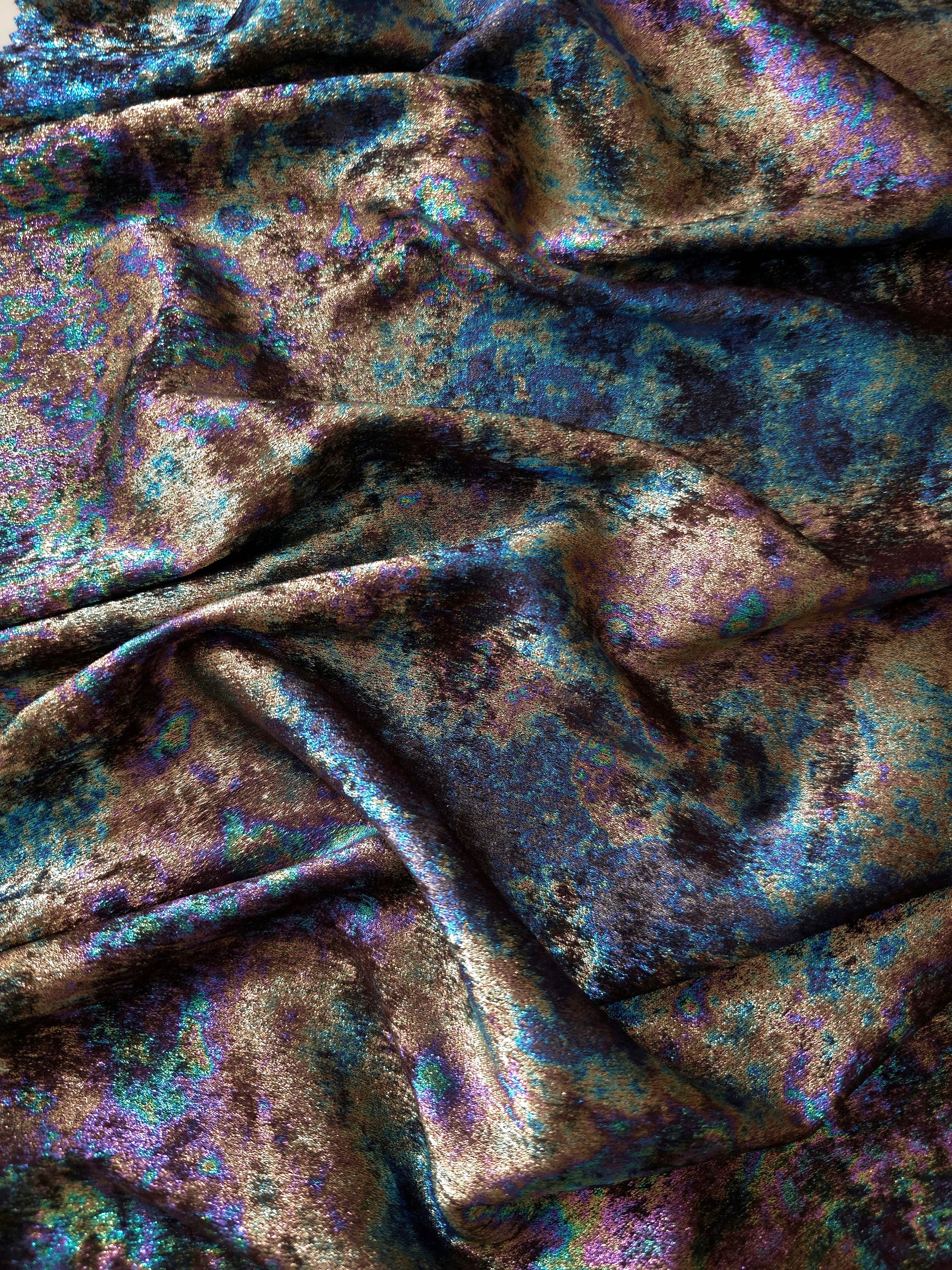 MilanSaten Rainbow Foil fabric in Navy Charcoal, shade 79 — rainbow foil detail