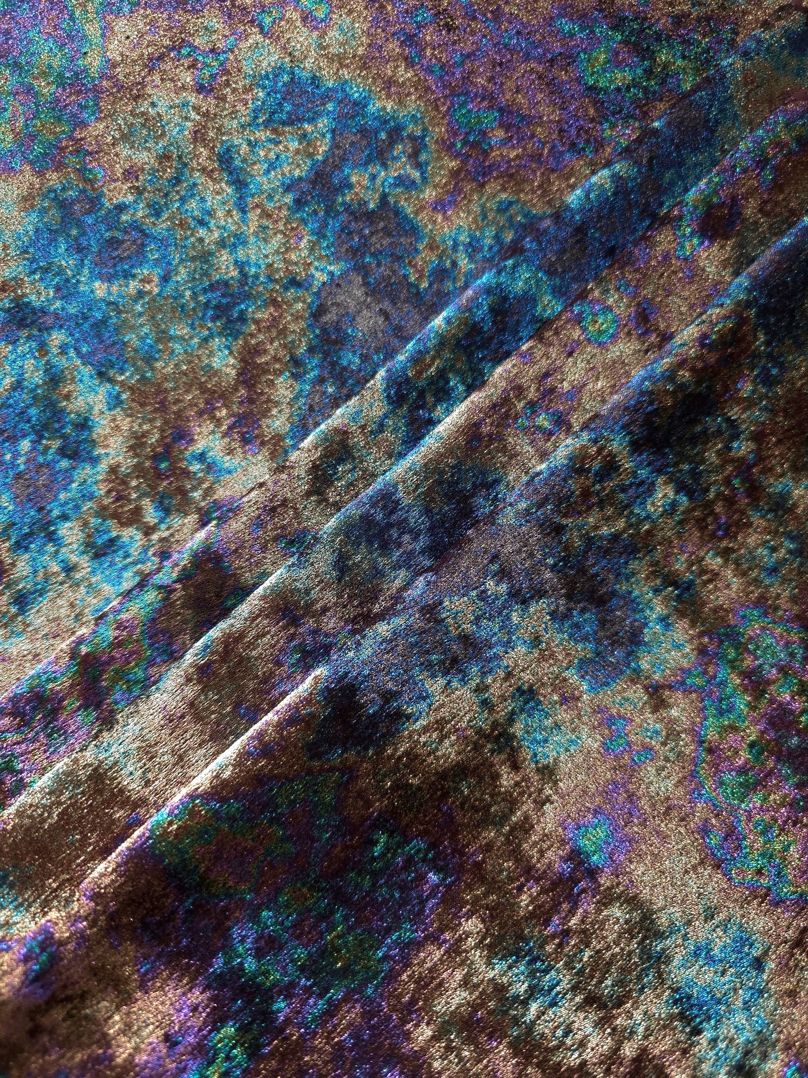 MilanSaten Rainbow Foil fabric in Navy Charcoal, shade 79 — macro shimmer close-up