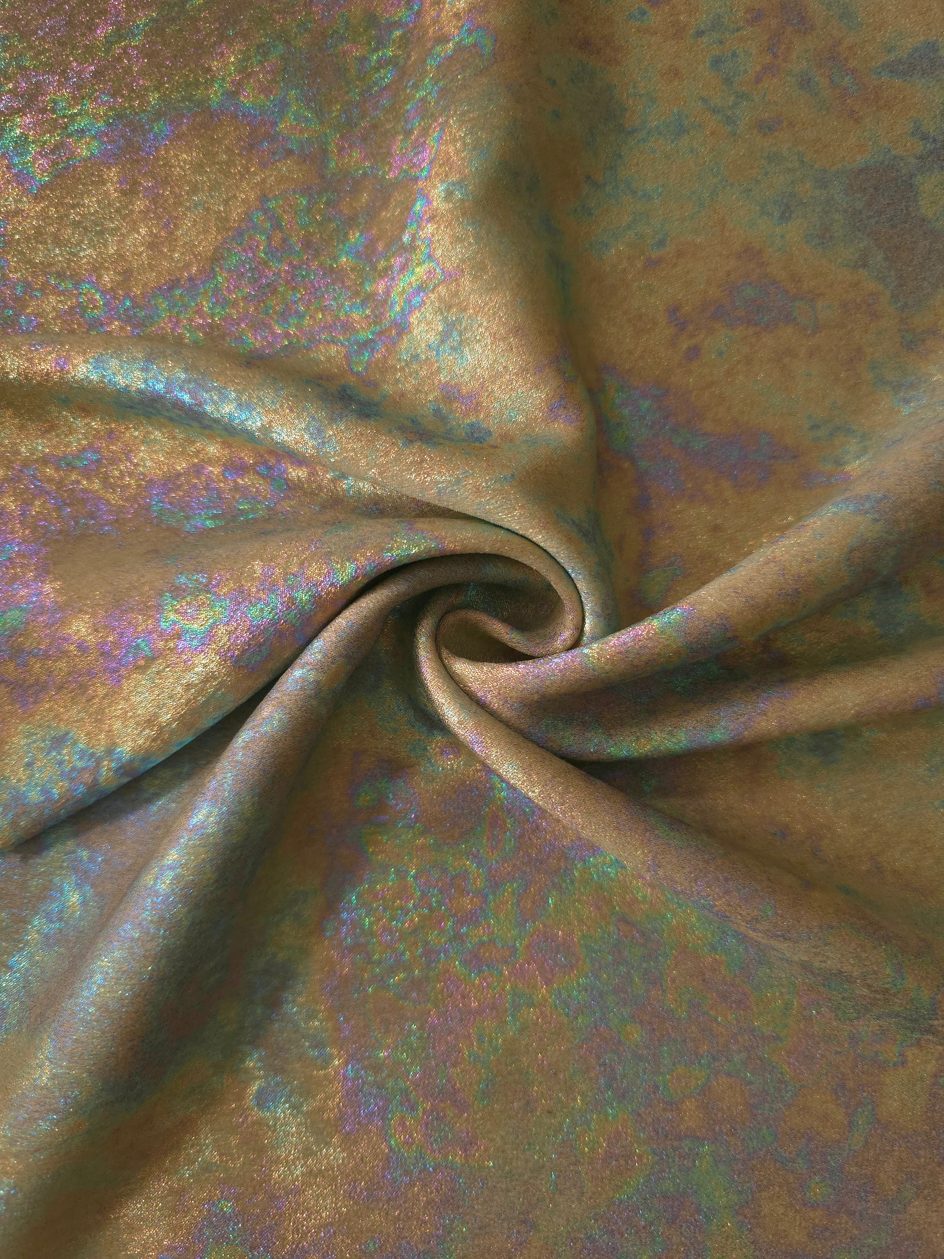 MilanSaten Rainbow Foil fabric in Antique Bronze, shade 87 — flowing fabric view