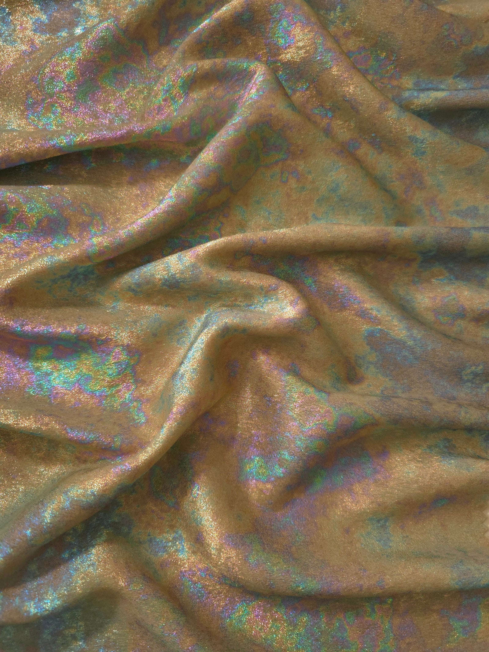 MilanSaten Rainbow Foil fabric in Antique Bronze, shade 87 — rainbow foil detail