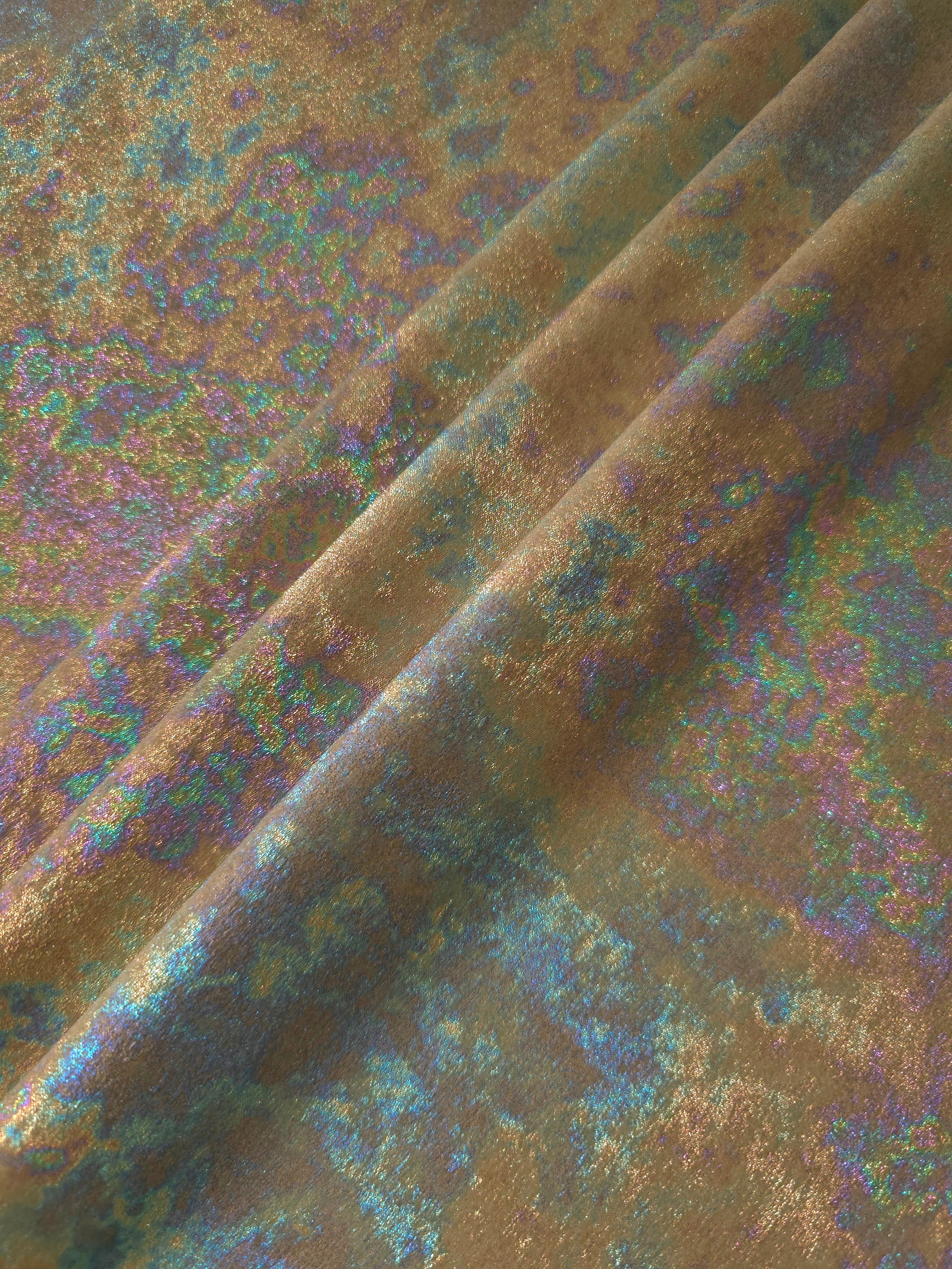 MilanSaten Rainbow Foil fabric in Antique Bronze, shade 87 — macro shimmer close-up