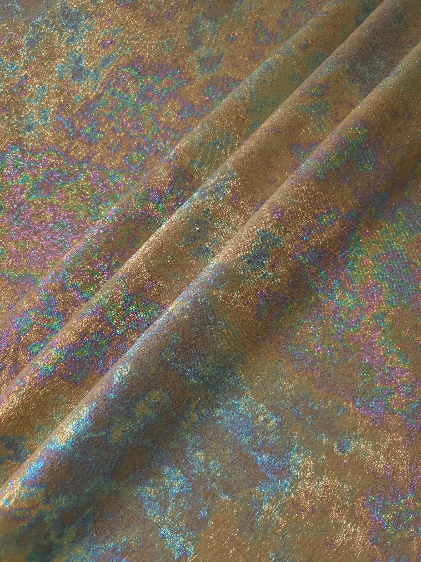 MilanSaten Rainbow Foil fabric in Antique Bronze, shade 87 — macro shimmer close-up