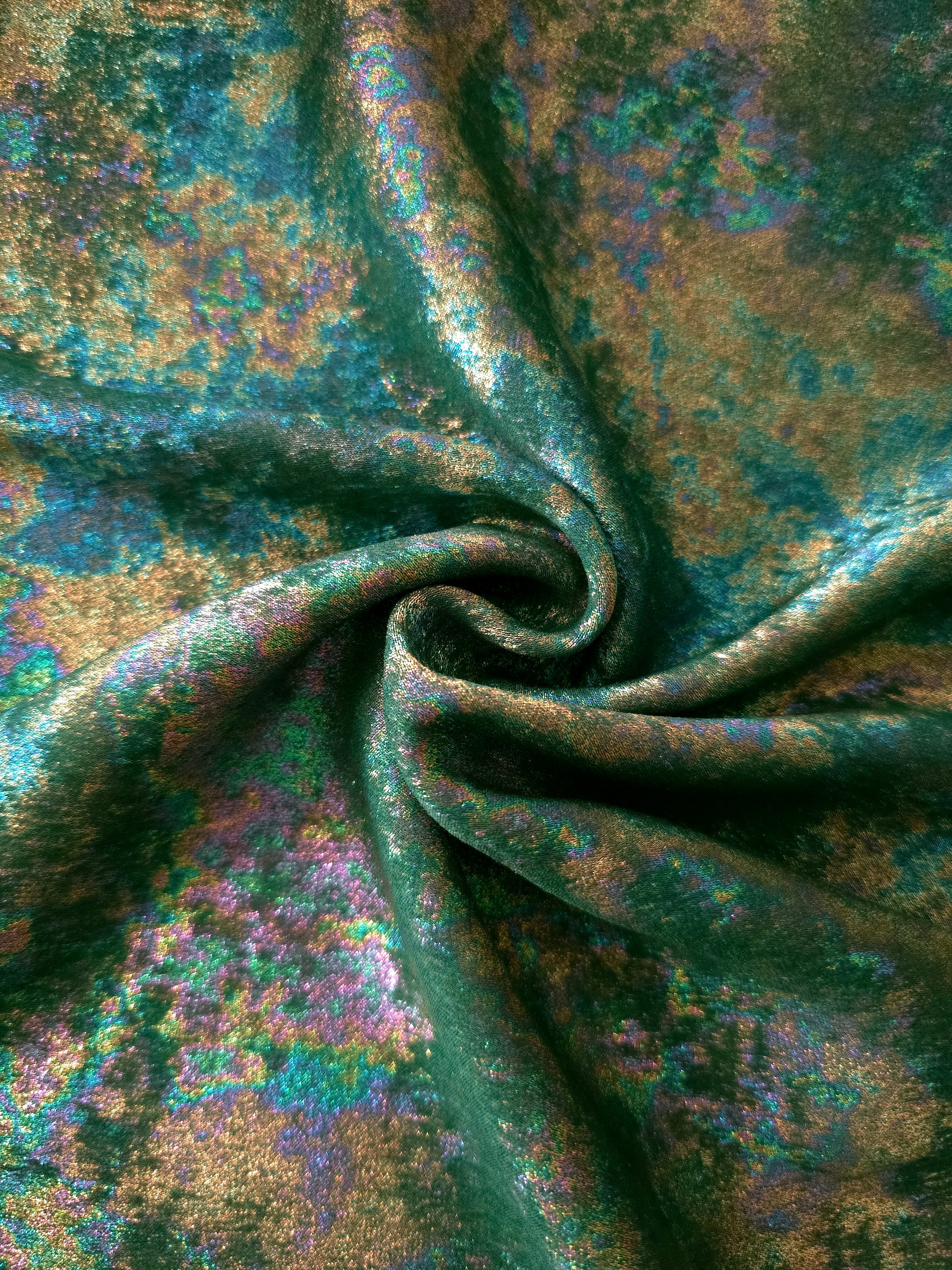 MilanSaten Rainbow Foil fabric in Emerald Green, shade 93 — flowing fabric view