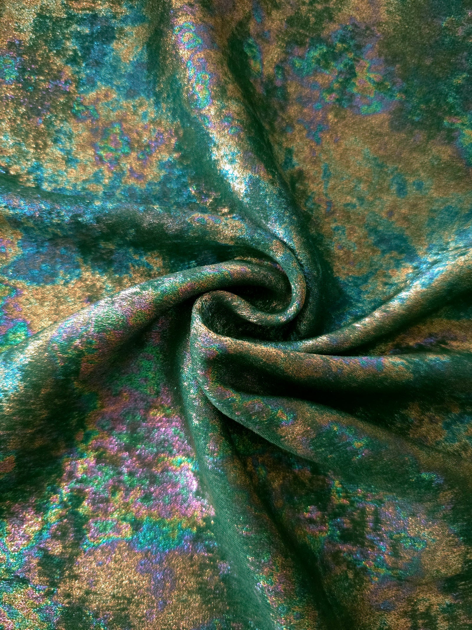MilanSaten Rainbow Foil fabric in Emerald Green, shade 93 — flowing fabric view