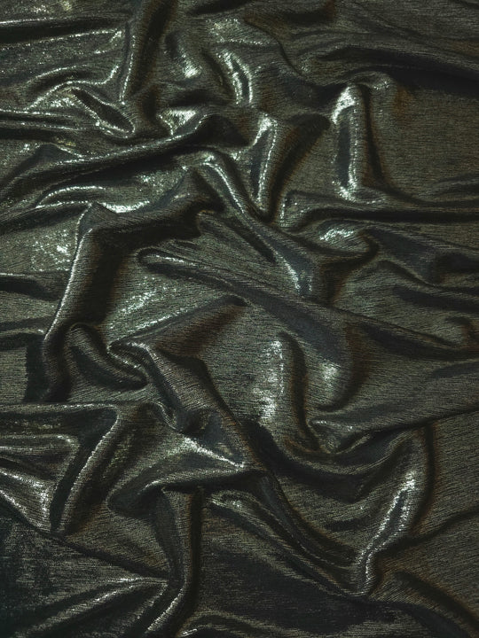 Black - Light Gold metallic plisse stretch jersey showing reflective micro-pleated texture