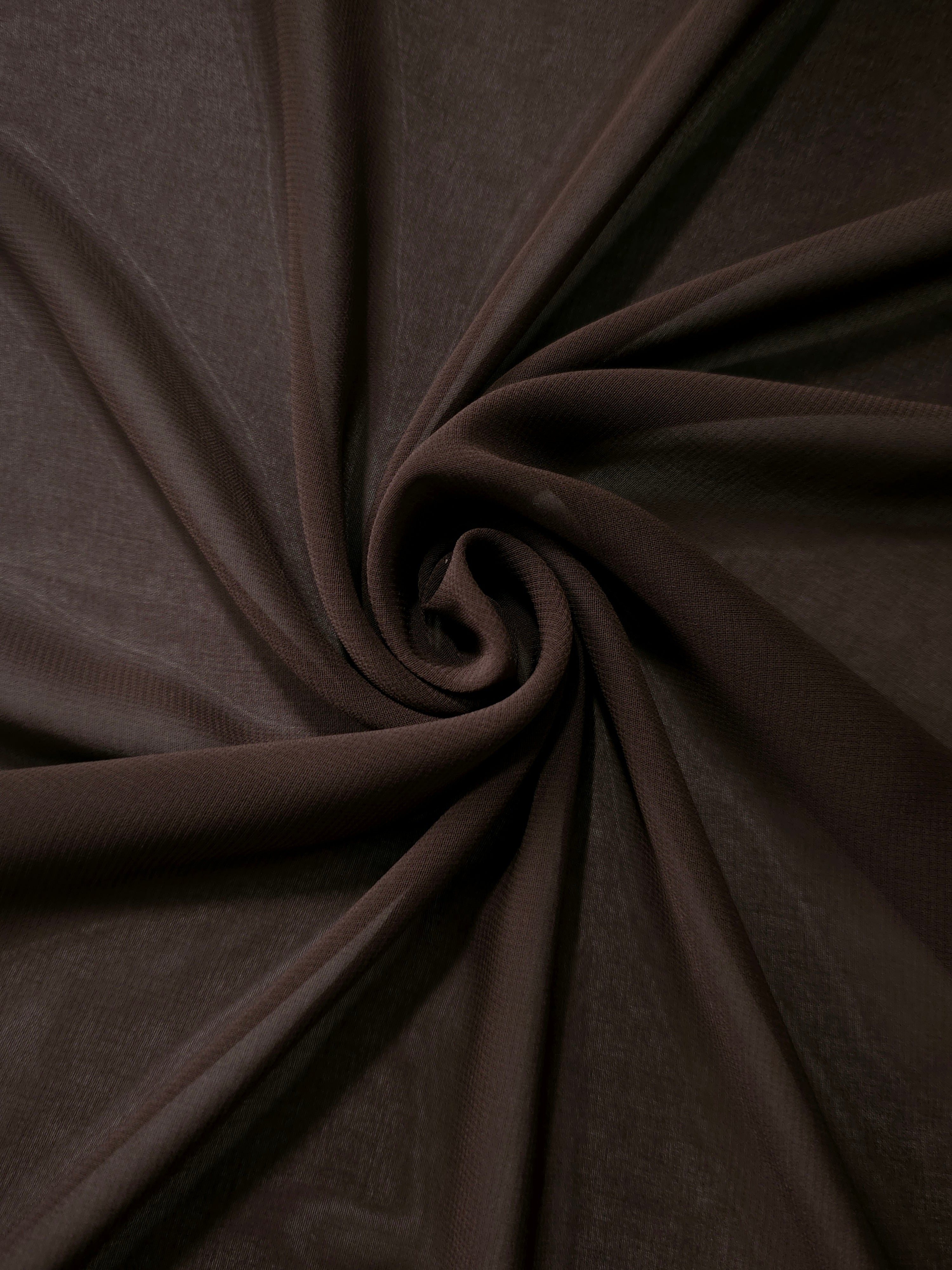 Swirled Dark Espresso Brown silky stretch chiffon shows soft motion and fluid drape for scarves, gathered panels and understated evening accents.
