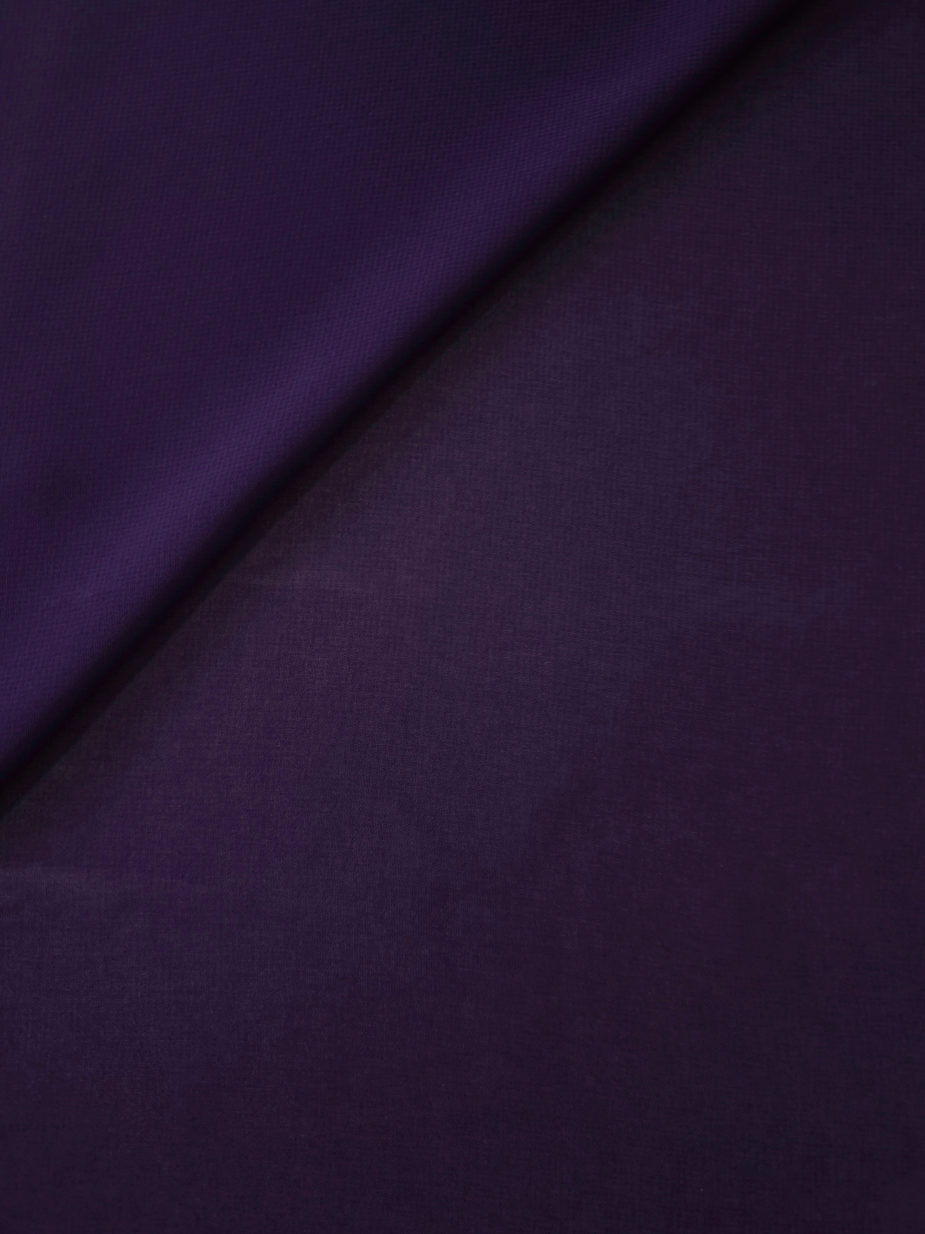 Deep Aubergine stretch chiffon in a soft fold, showing fluid drape and light movement for party dresses, draped tops and soft occasion scarves.