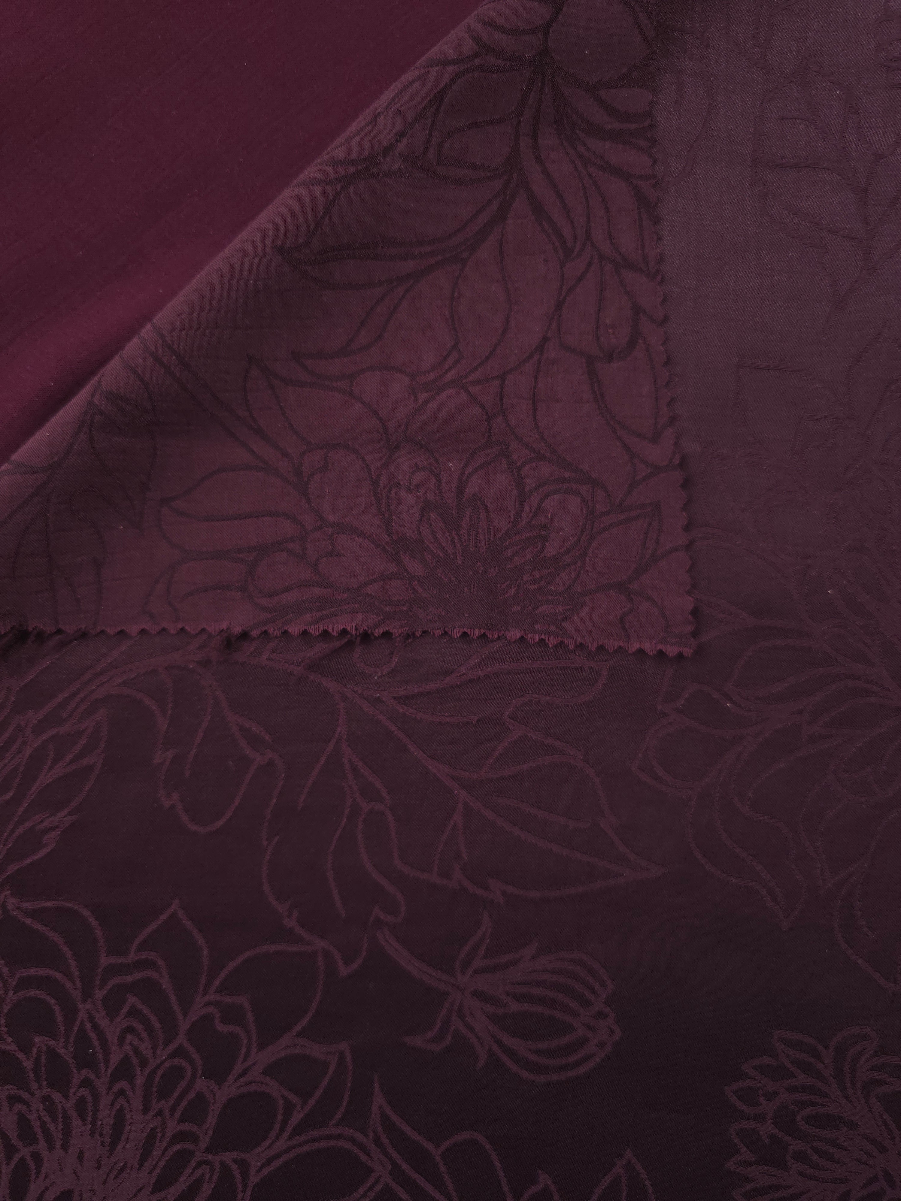 Front and back view of Floral tonal silky viscose jacquard fabric