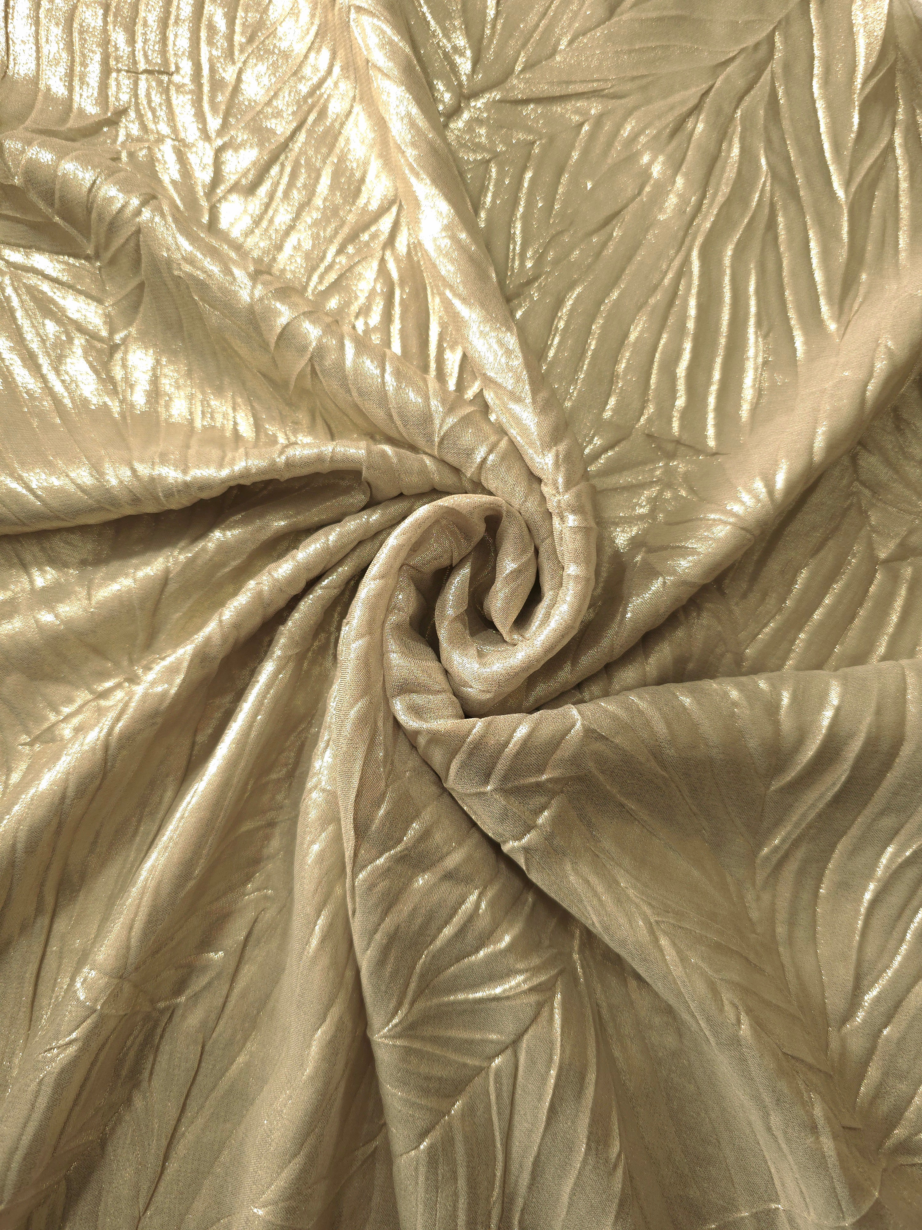 Champagne Beige shimmer plissé shown in a broad view, making the pleat pattern and visual rhythm clear for dancewear, stage costumes and longline silhouettes.