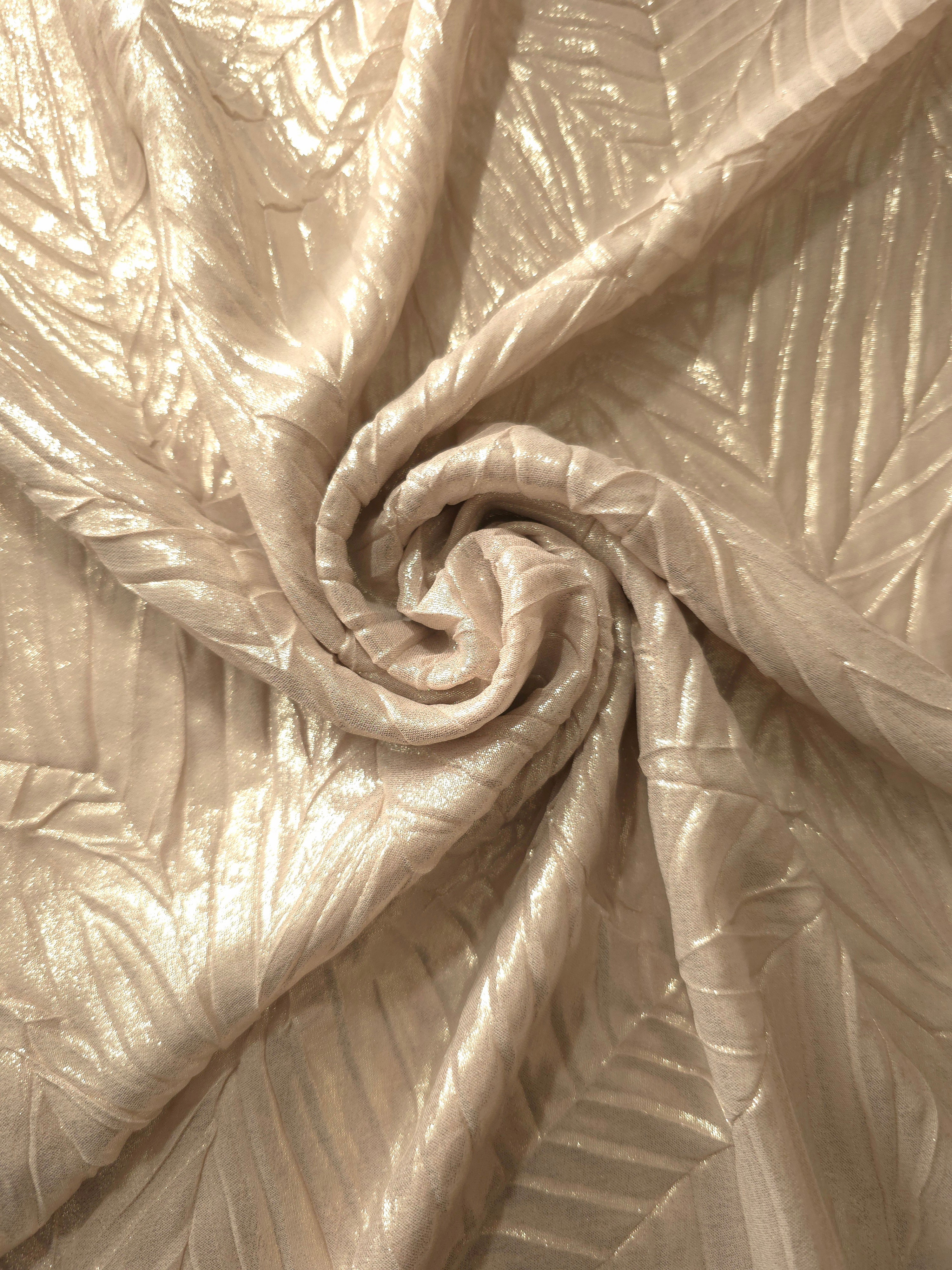 Champagne Cream shimmer plissé shown in a broad view, making the pleat pattern and visual rhythm clear for blouses, skirts and fashion-forward layering pieces.