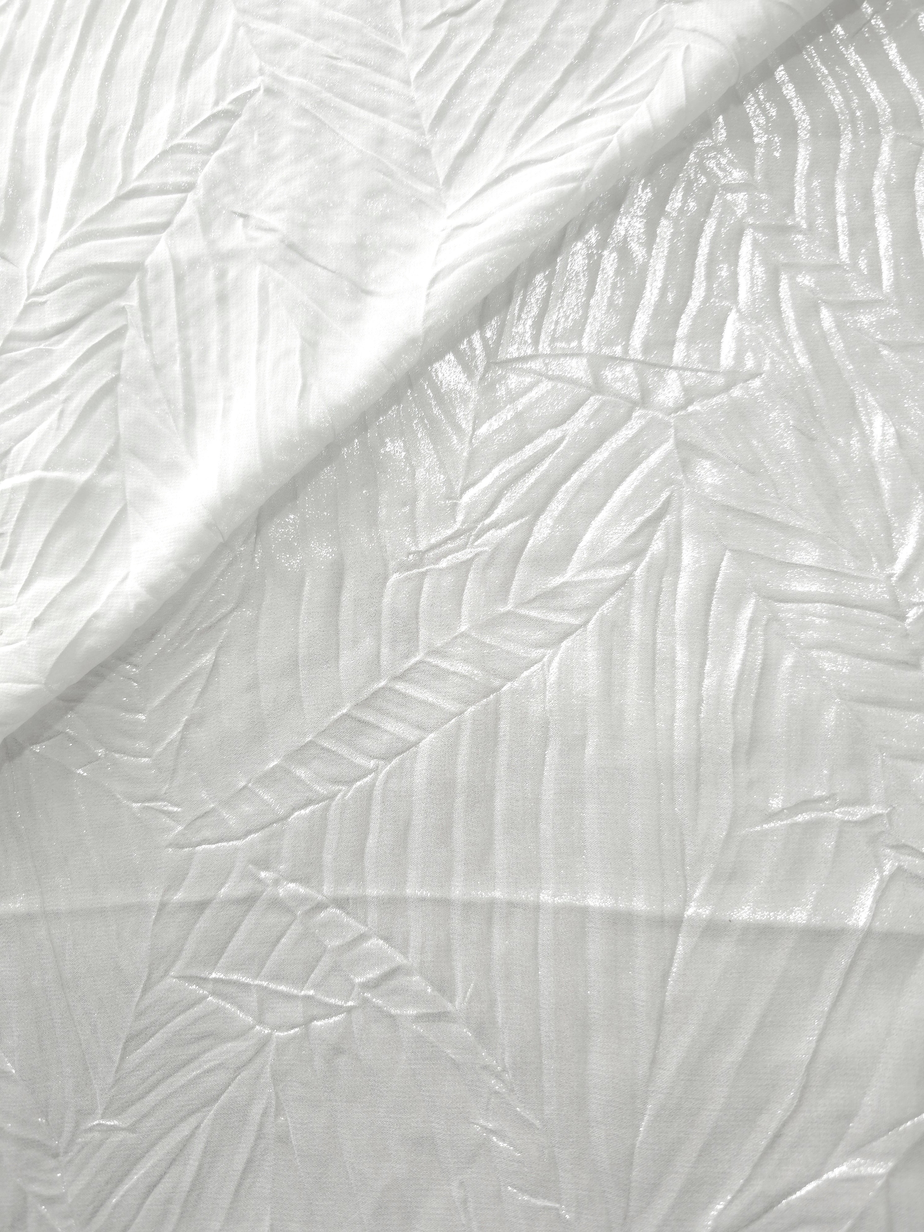 Fold detail of Frost White leaf-pattern plissé fabric demonstrates how the textured surface builds depth for stagewear and layered fashion details.