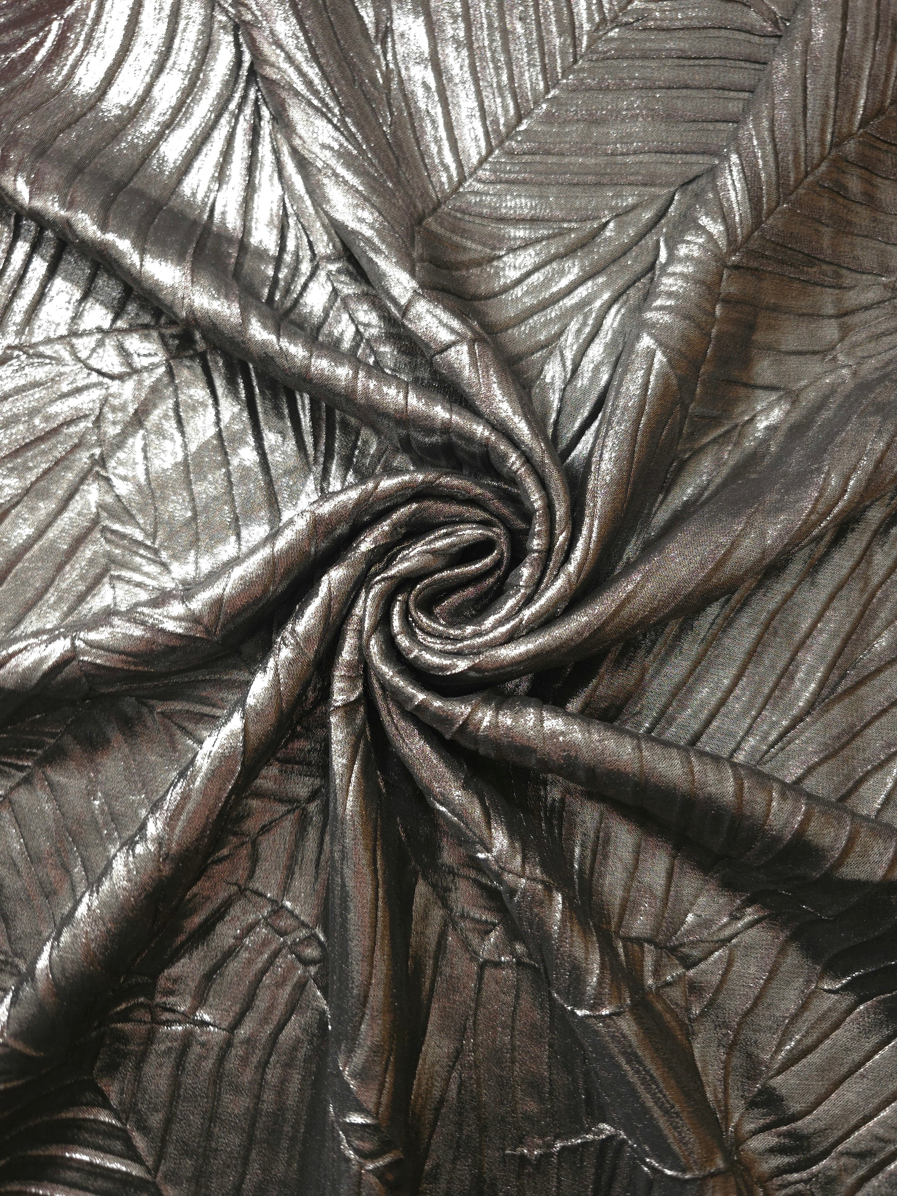 Graphite Gray shimmer plissé shown in a broad view, making the pleat pattern and visual rhythm clear for blouses, skirts and fashion-forward layering pieces.