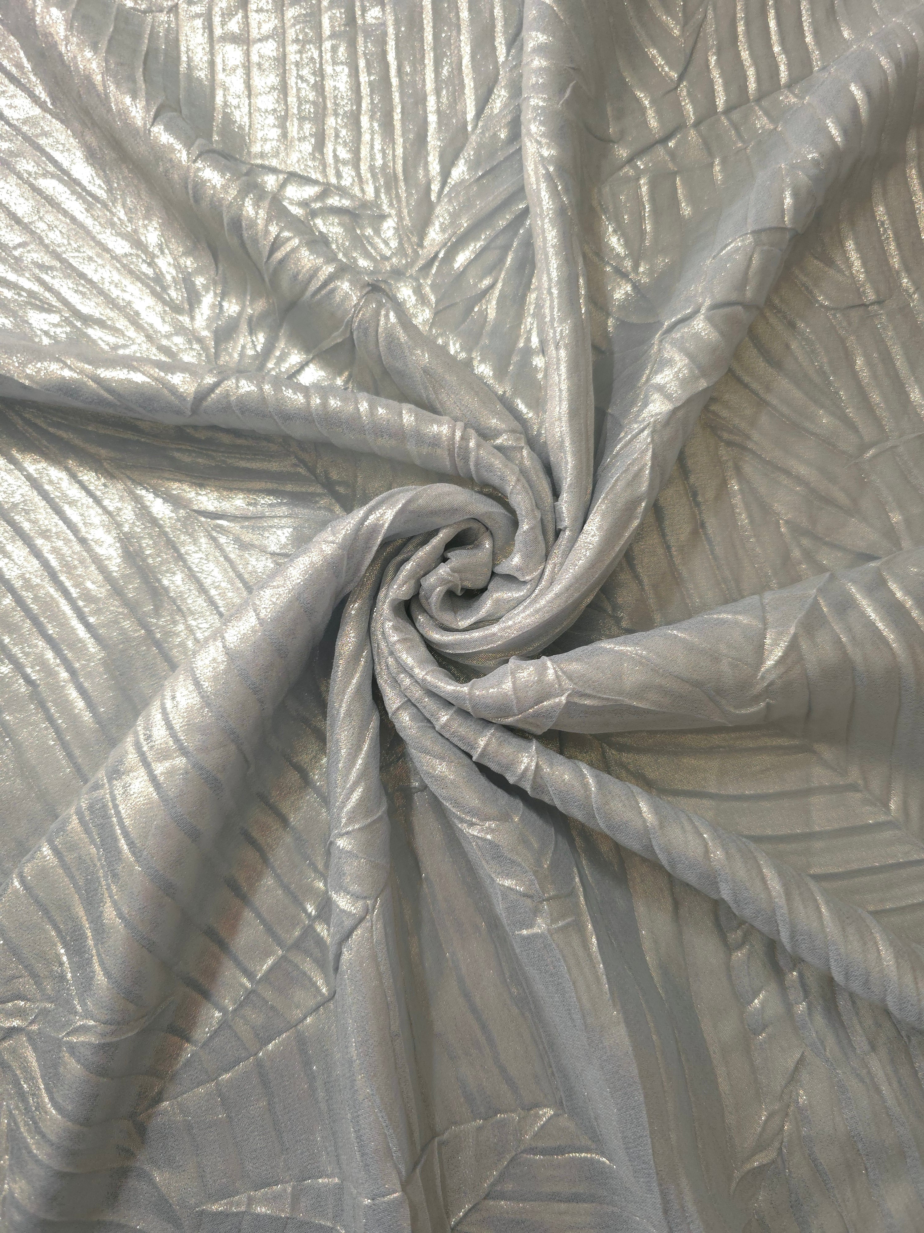 Pewter Gray shimmer plissé shown in a broad view, making the pleat pattern and visual rhythm clear for blouses, skirts and fashion-forward layering pieces.