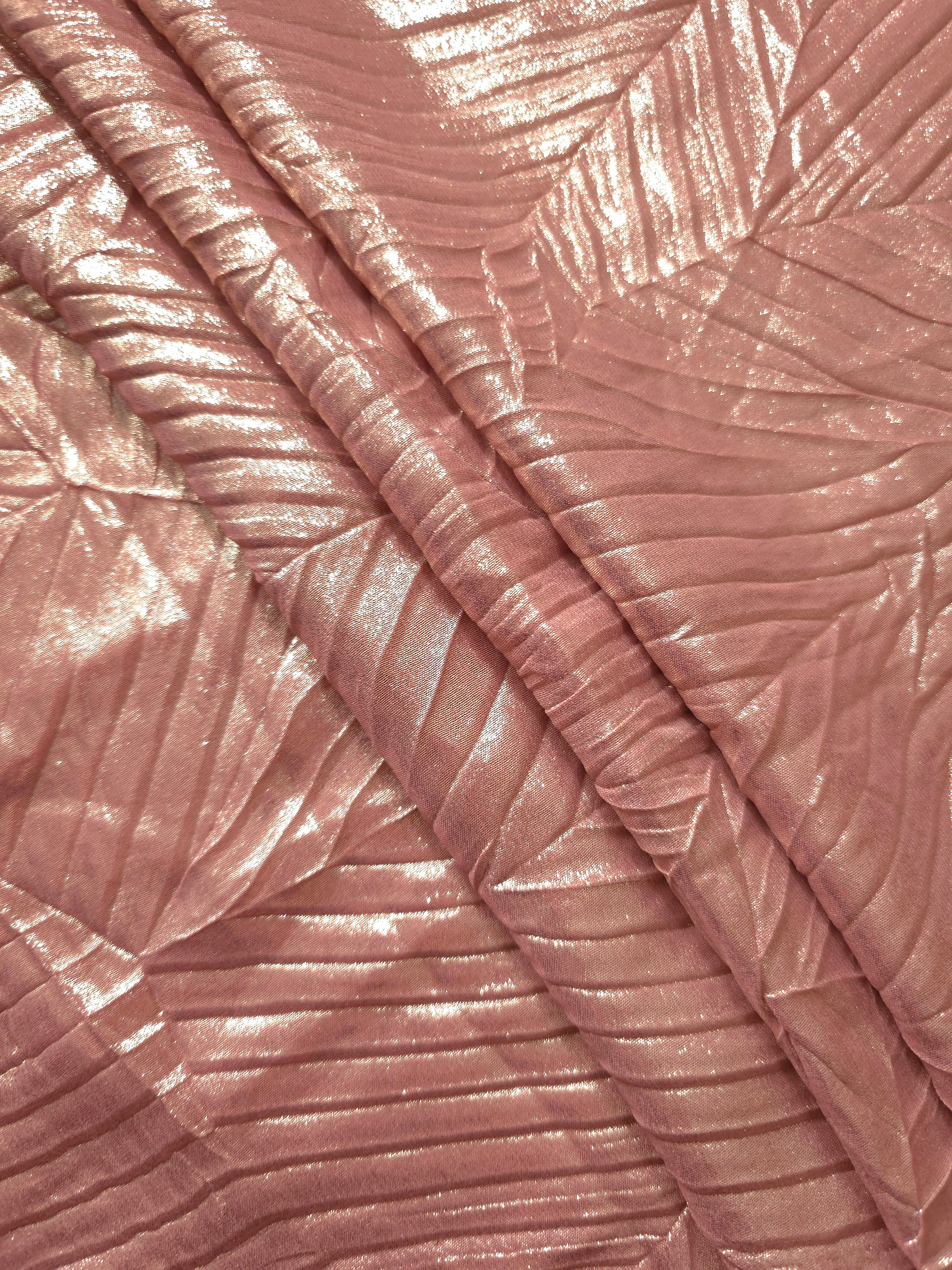 Rose Taupe leaf-pattern plissé fabric in close detail, revealing the fine shimmer and dimensional pleat structure suited to bodice accents and fashion-forward blouses.
