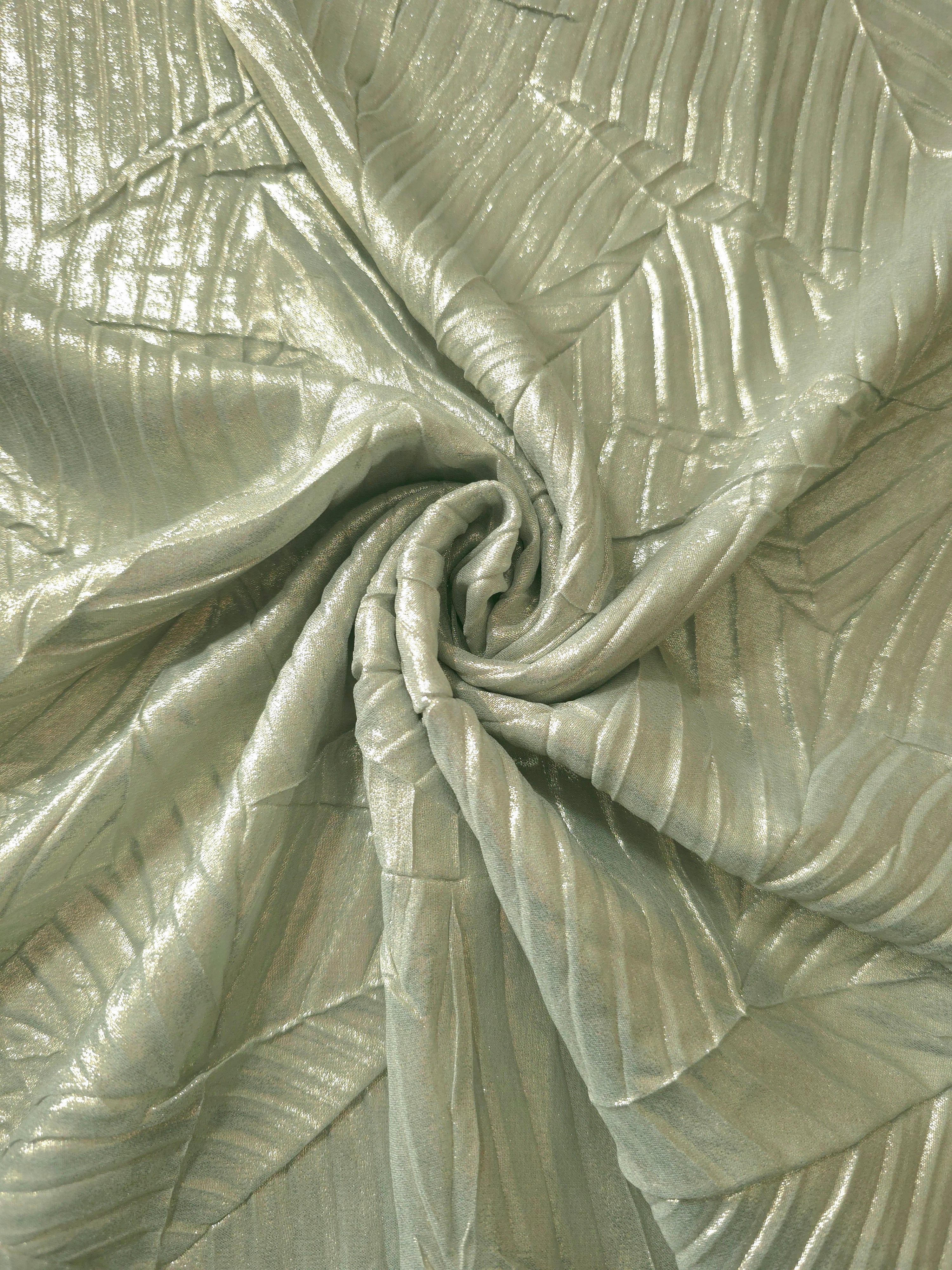 Sage Gray shimmer plissé shown in a broad view, making the pleat pattern and visual rhythm clear for blouses, skirts and fashion-forward layering pieces.