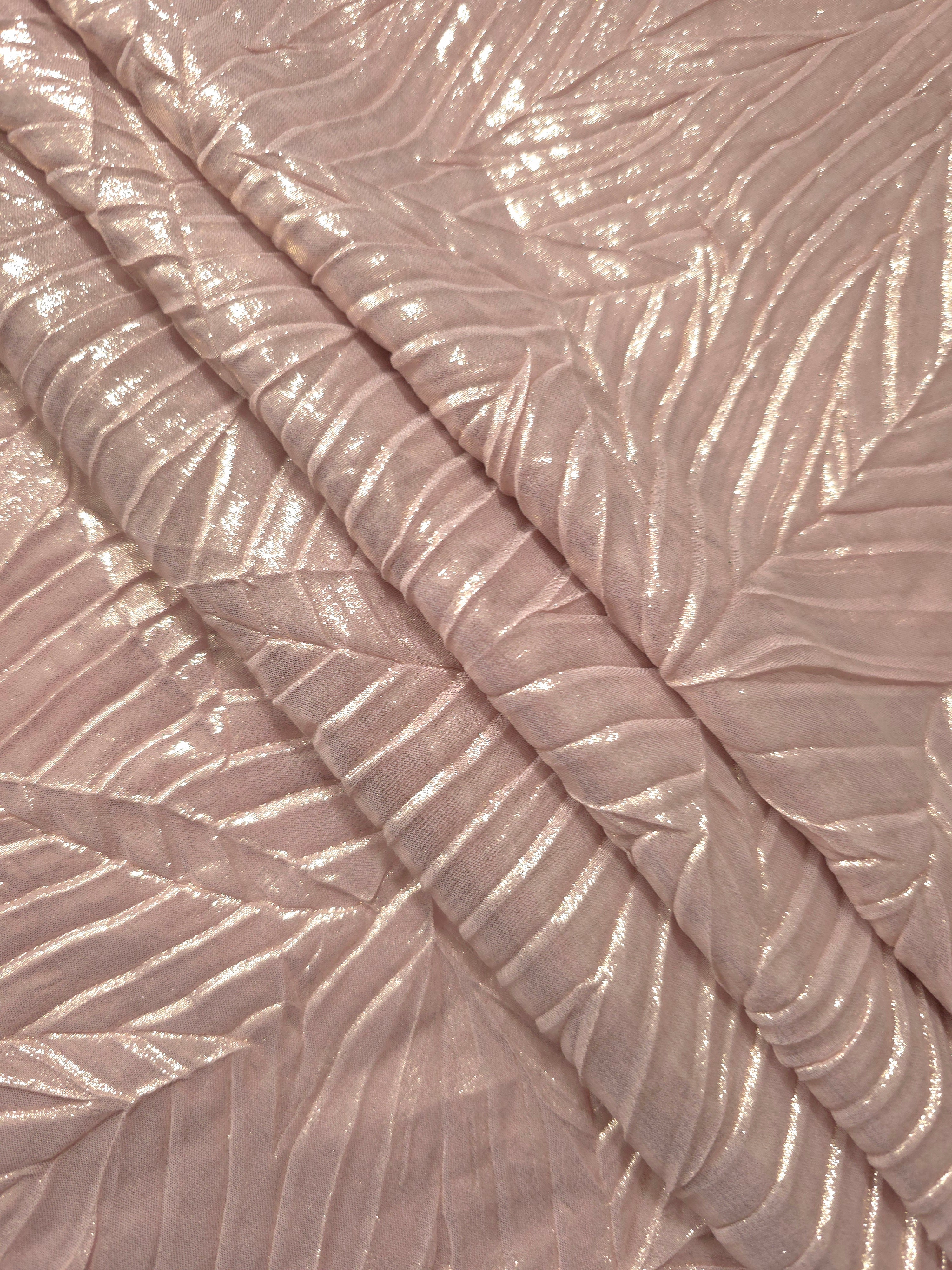 Soft Pink leaf-pattern plissé fabric in close detail, revealing the fine shimmer and dimensional pleat structure suited to bodice accents and fashion-forward blouses.
