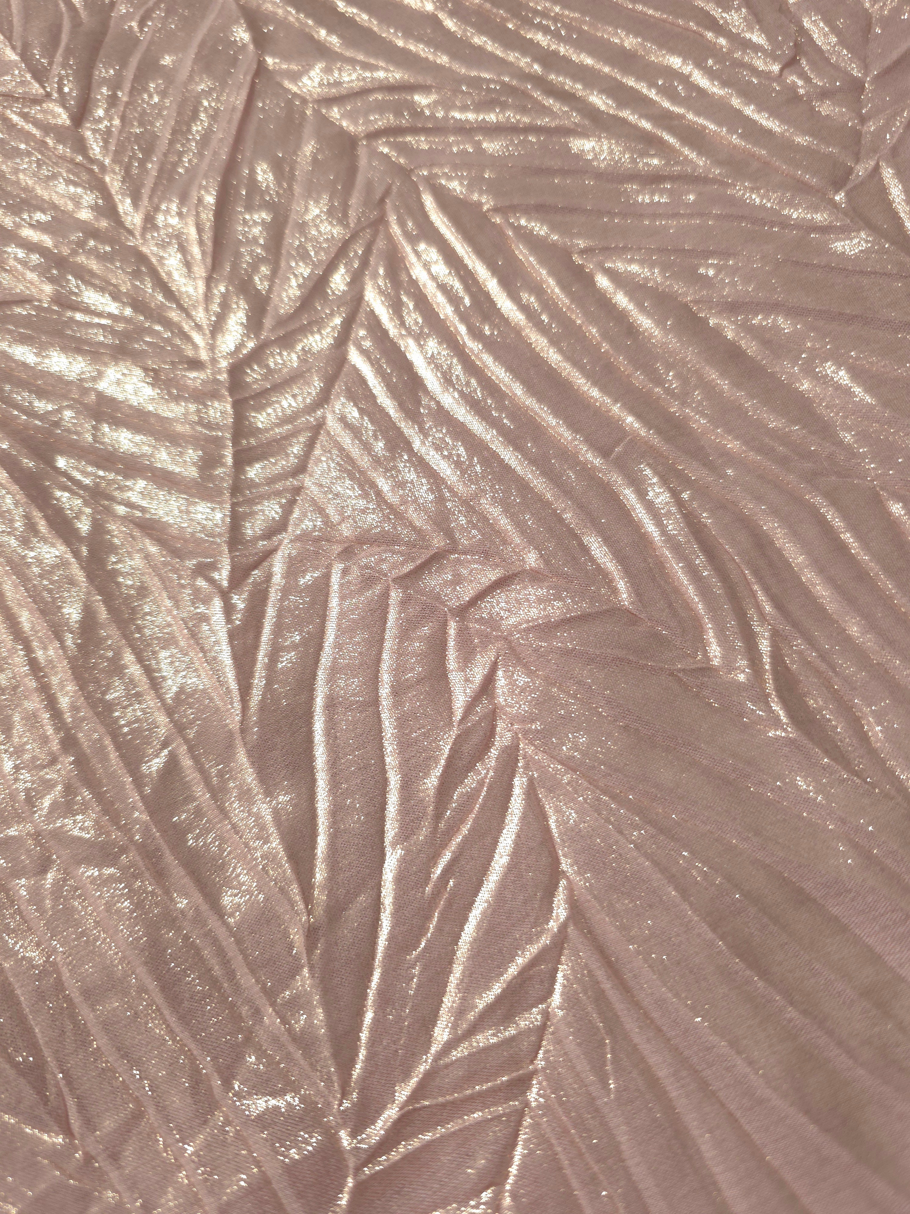 Soft drape of Soft Pink textured shimmer plissé reveals dimensional folds and shifting reflection for jumpsuits and fluid occasionwear.