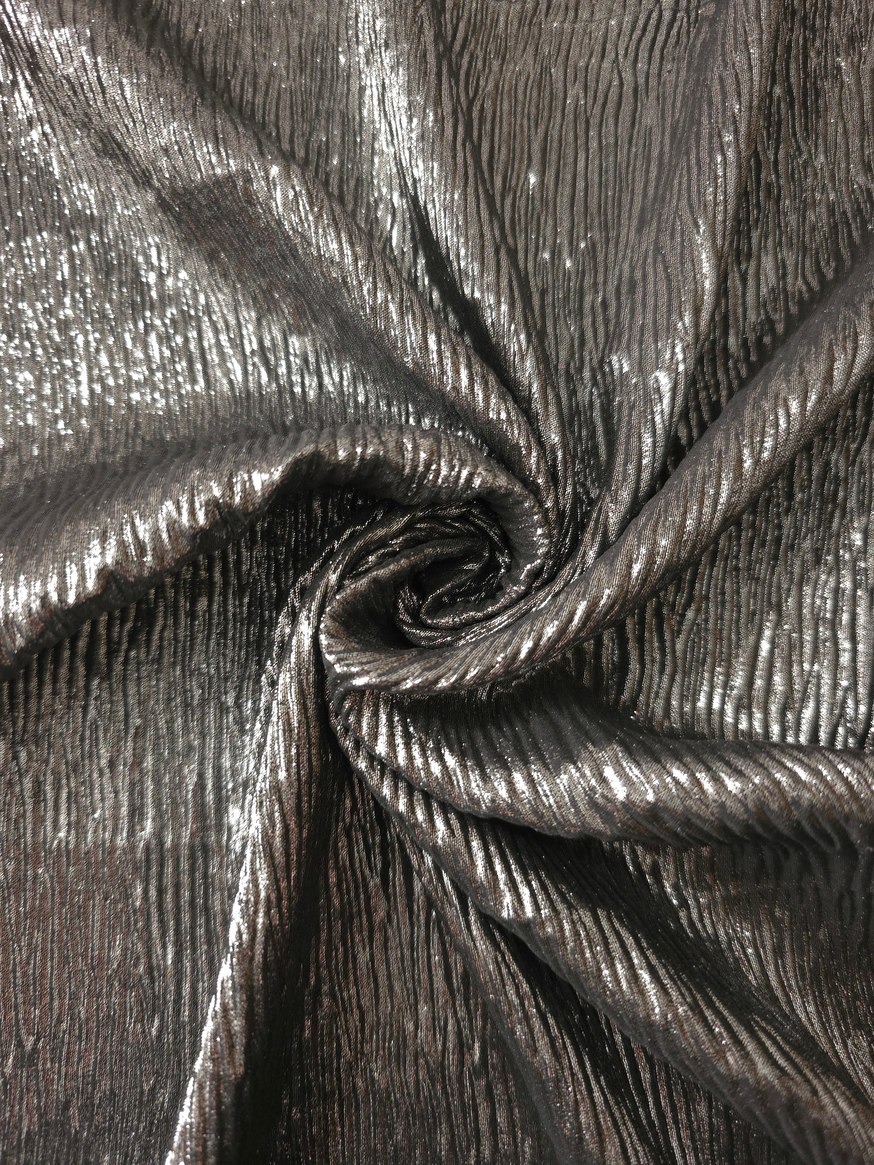 Graphite Gray shimmer plissé shown in a broad view, making the pleat pattern and visual rhythm clear for dancewear, stage costumes and longline silhouettes.