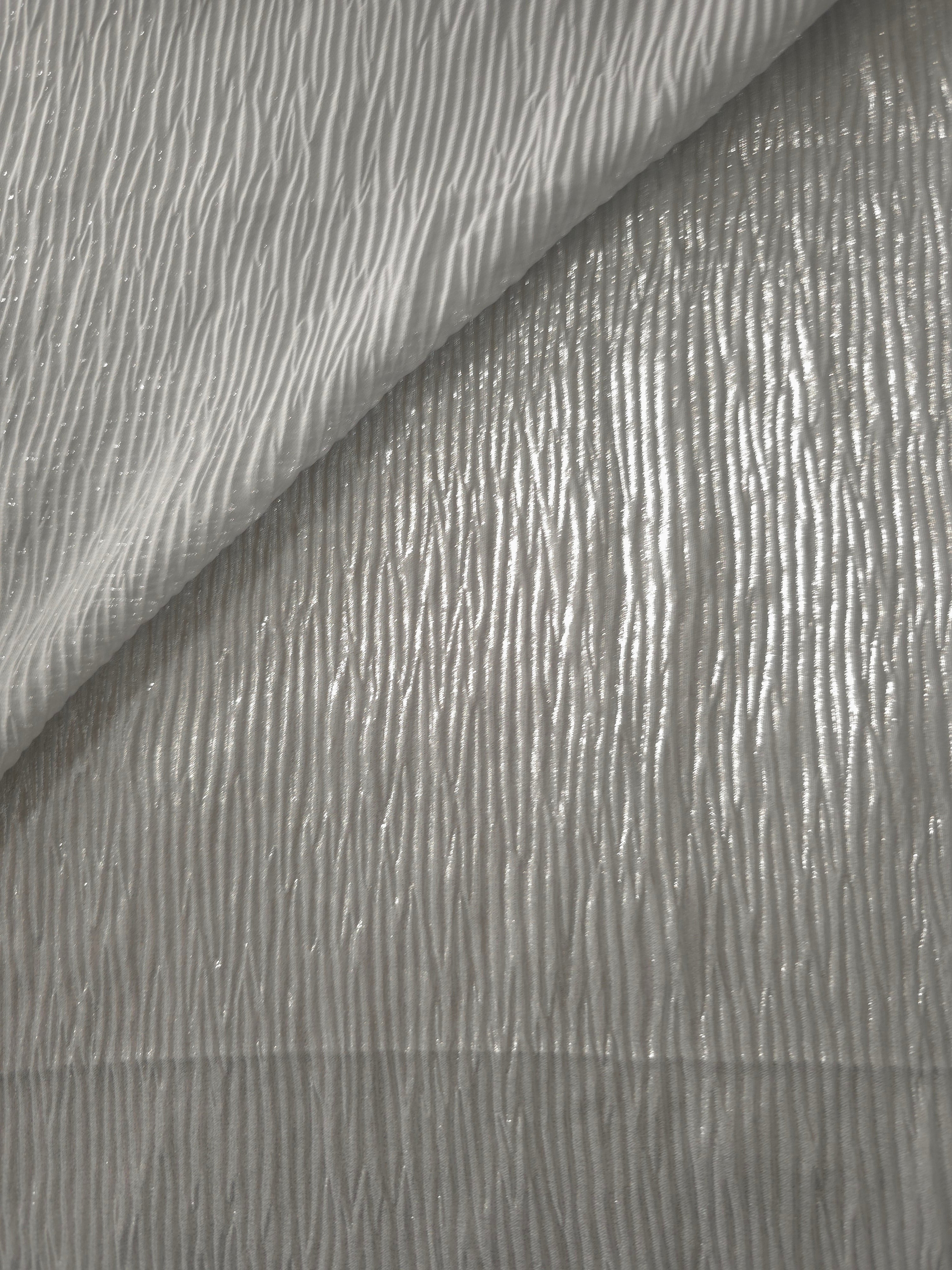 Pearl Silver shimmer plissé shown in a broad view, making the pleat pattern and visual rhythm clear for dancewear, stage costumes and longline silhouettes.