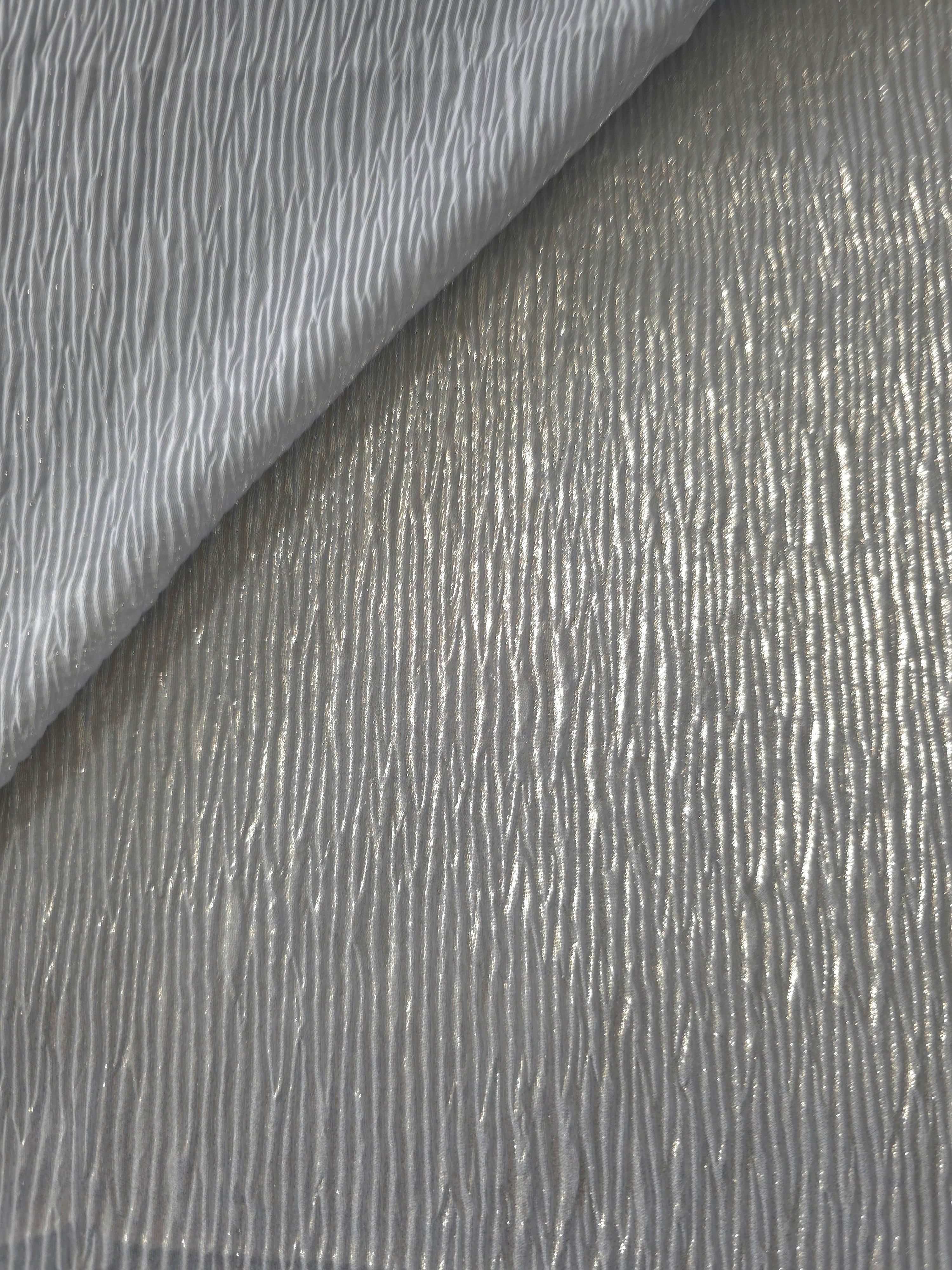 Pewter Gray shimmer plissé shown in a broad view, making the pleat pattern and visual rhythm clear for dancewear, stage costumes and longline silhouettes.